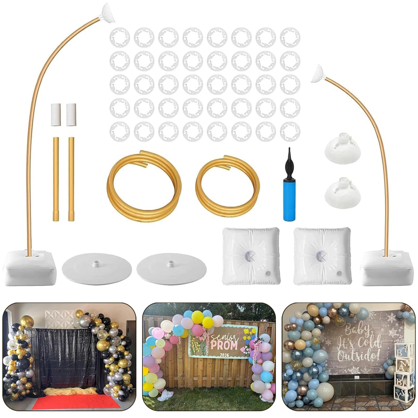 Kit de soporte de arco de globos flexible, soporte de arco de globos con base de agua de relleno, soporte de globo de medio arco de 8.2 pies y 5 pies para boda, baby shower, fiesta de cumpleaños,