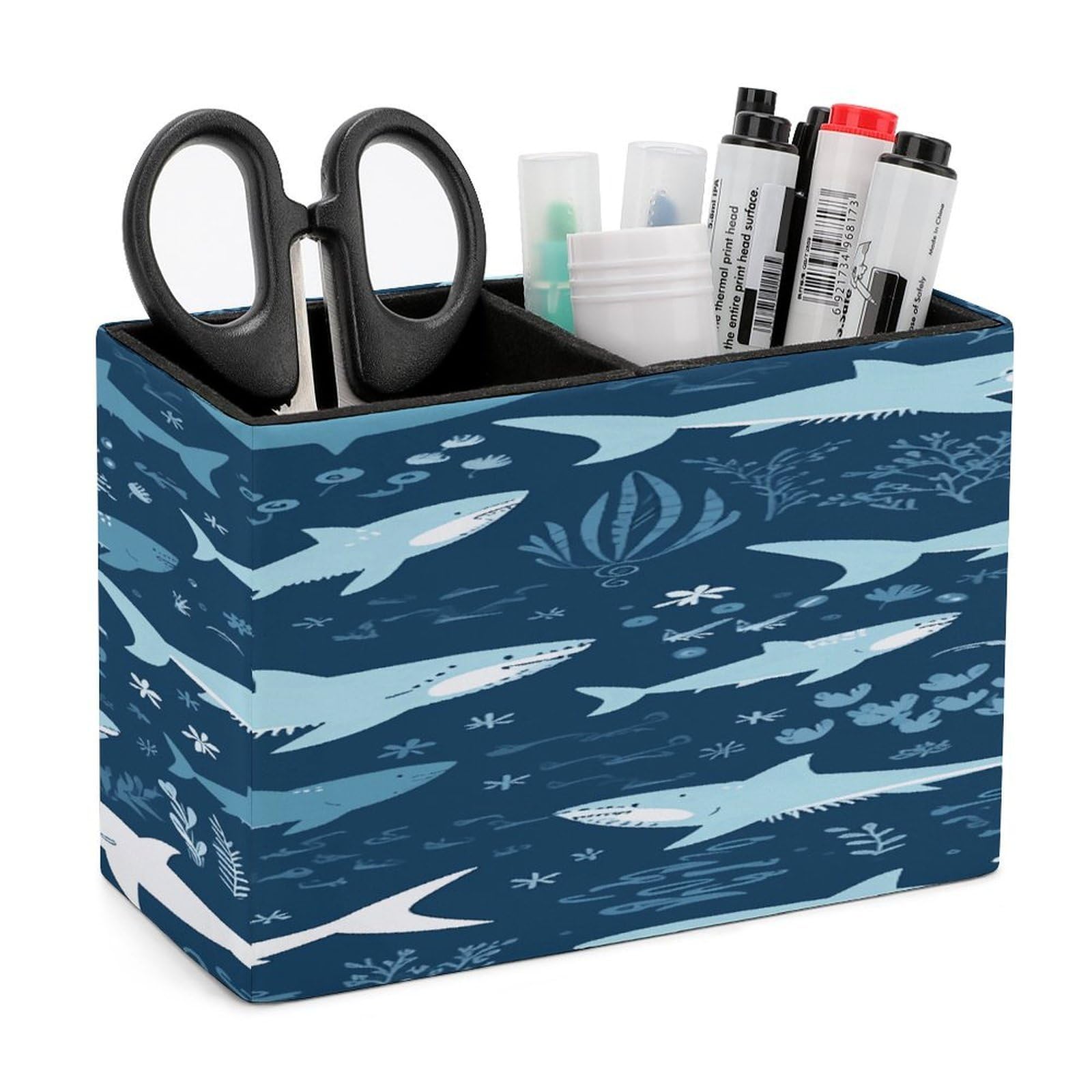 LDGSUPH Sharks Leather Pen Holder for Desk Organizer Caddy Large Pencil Cup Multi-function Pencil Holder Makeup Brush Holders Pen Organizer for Home Office Storage Box