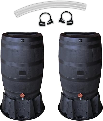 RTS Home Accents 551000802A8081 - Barril de lluvia y soporte con soporte de 50 galones de polietileno 100% reciclado, color negro