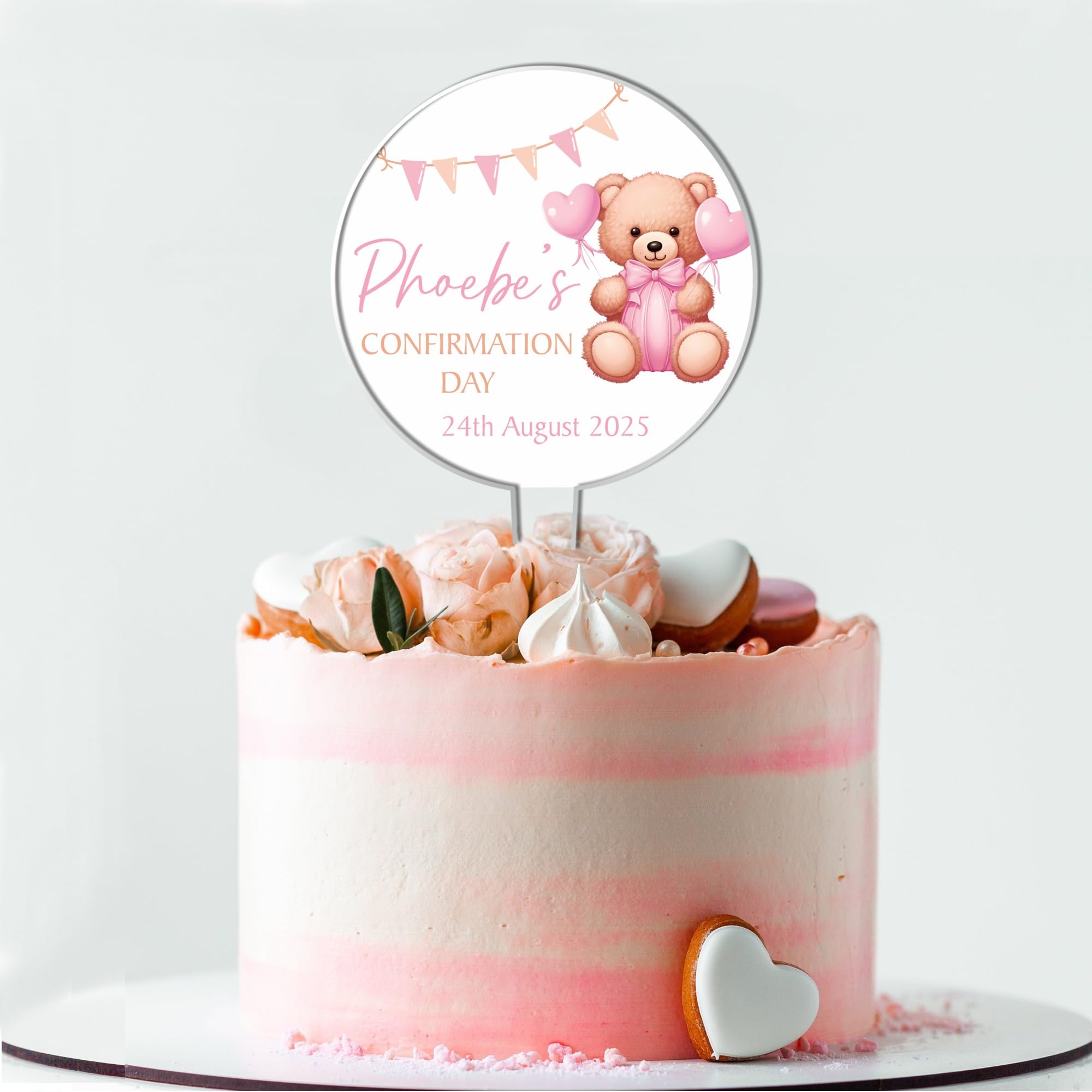 Personalised Acrylic Ceremony Cake Topper Teddy Bear Bunting – Custom Child's Name & Date for Religious Occasions Christening Baptism Communion Confirmation Keepsake (Pink, Confirmation Day)