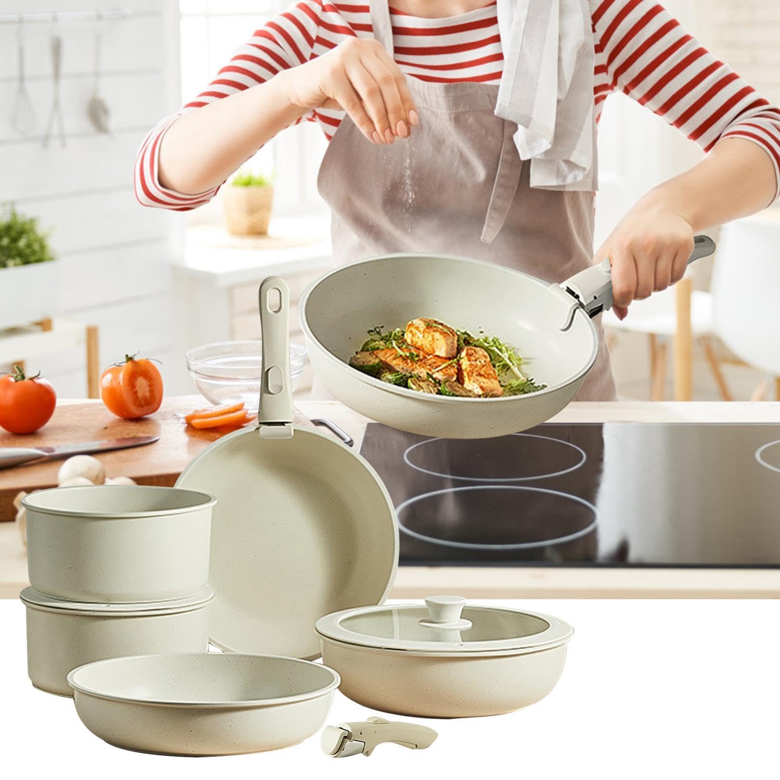 Batterie de cuisine antiadhésive de 5 pièces, poêle à frire et casserole à poignée amovible, revêtement en pierre passe au lave-vaisselle, casseroles et poêles de cuisine polyvalentes pour la cuisine