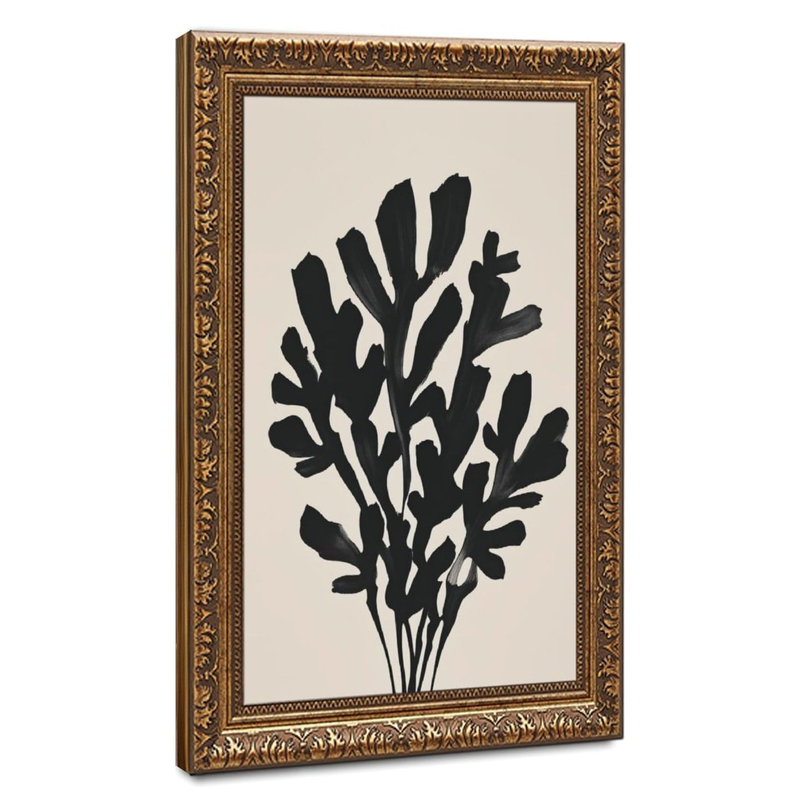 ELKPDOE Póster abstracto y minimalista de silueta botánica negra, póster de lienzo para decoración de pared, pinturas para sala de estar, dormitorio, marco dorado retro, 61 cm de largo x 91 cm de