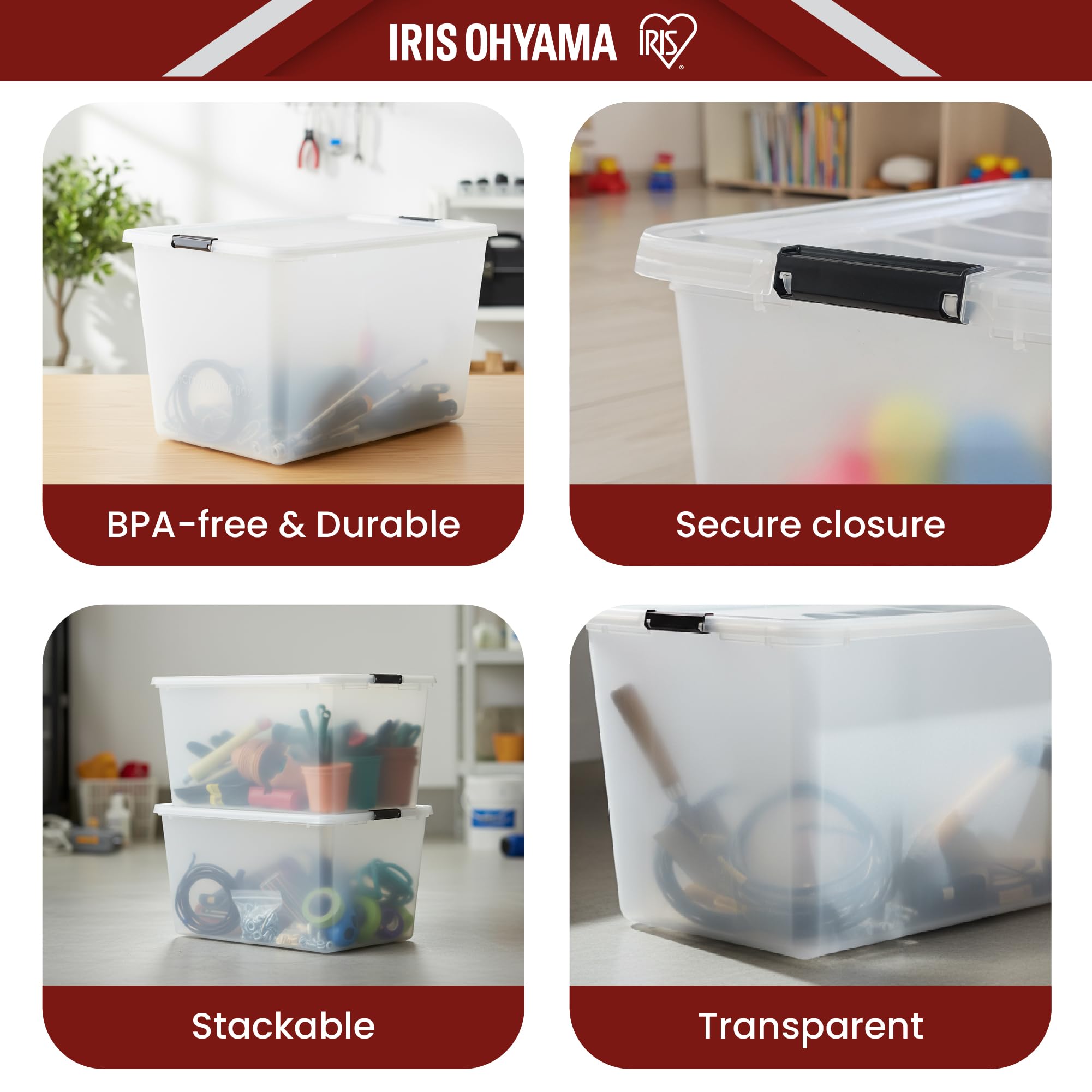 Iris Ohyama Aufbewahrungsboxen mit Deckel, 60L, 4er-Set, Silber, Sicherer Verschluss, Stapelbar, Griffe, für Schlafzimmer, Schrank, Büro, Organisation, BPA-freies Plastik, Ordnungsboxen, FTB-60