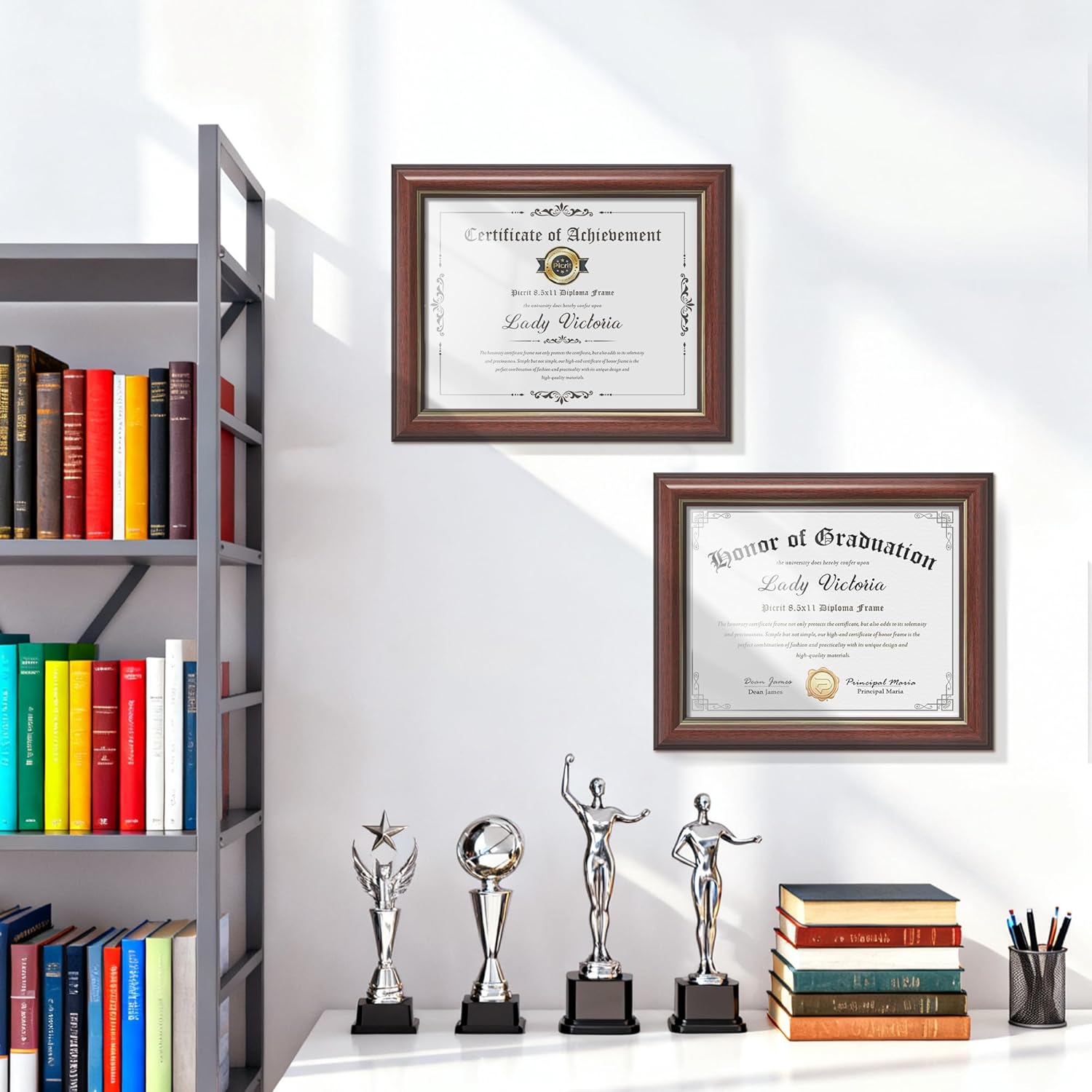 Picrit 8.5x11 Mahogany Diploma Certificate Frame with Tempered Glass, Degree Document Frame with Gold Rim for Wall and Tabletop, 3 Pack