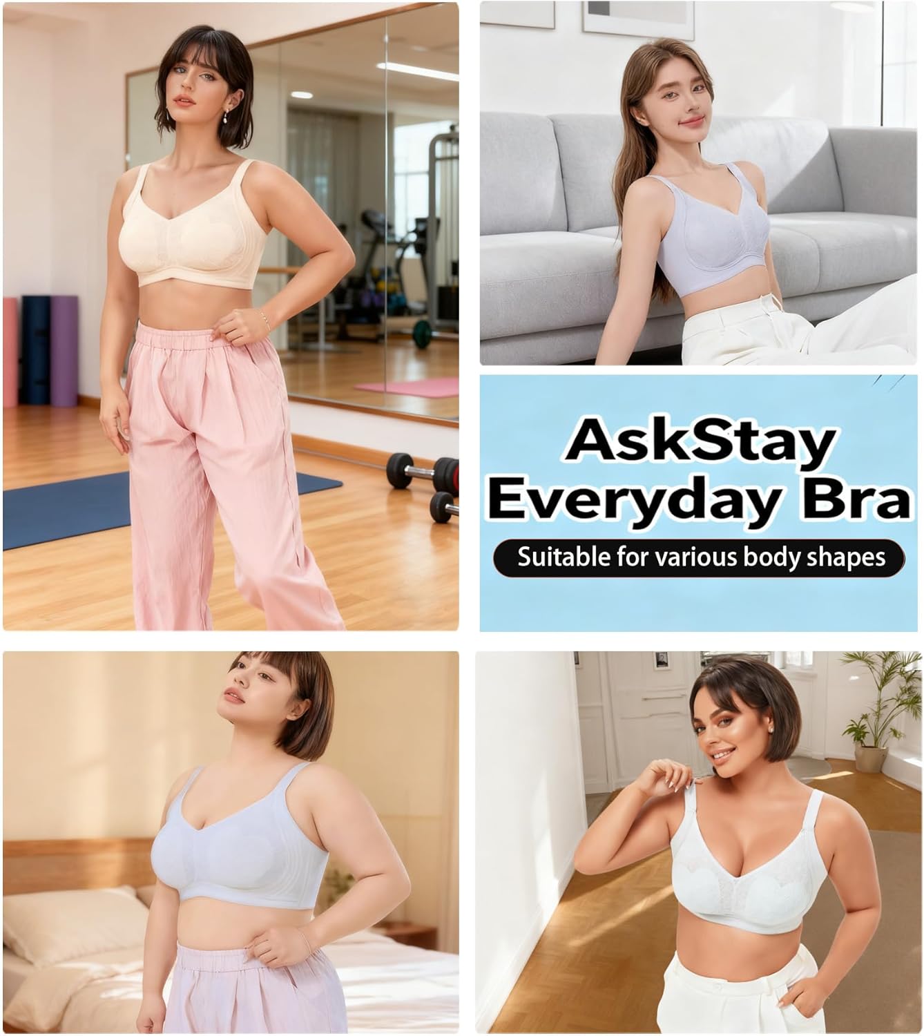 Women's Lace Fabric with Jelly Gel Soft-Support Wide Straps & Sides for All-Day Comfort Wireless Bra