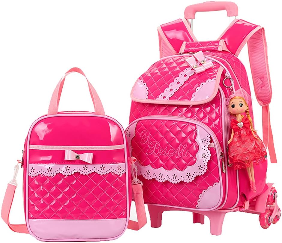 Meetbelify Rolling Backpacks For Girls School Bags Trolley Handbag With Lunch Bag (Rose red)
