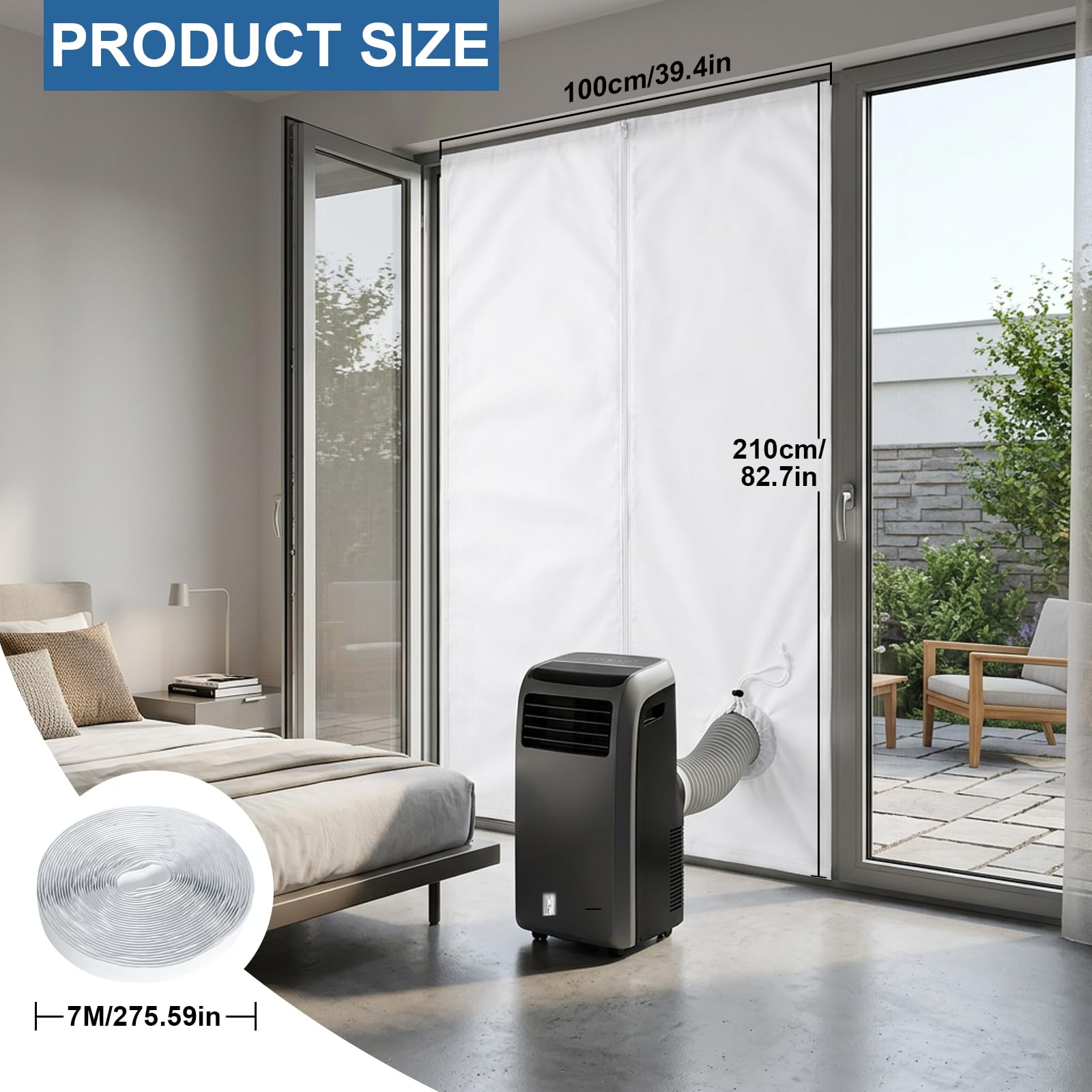 Ninonly Kit Puerta Corredera Aire Acondicionado Portatil con Cremallera 7m Velcro Fácil Instalación,Bloquea el Aire Caliente para Aires Acondicionados Portatil para Puertas (100x210cm)