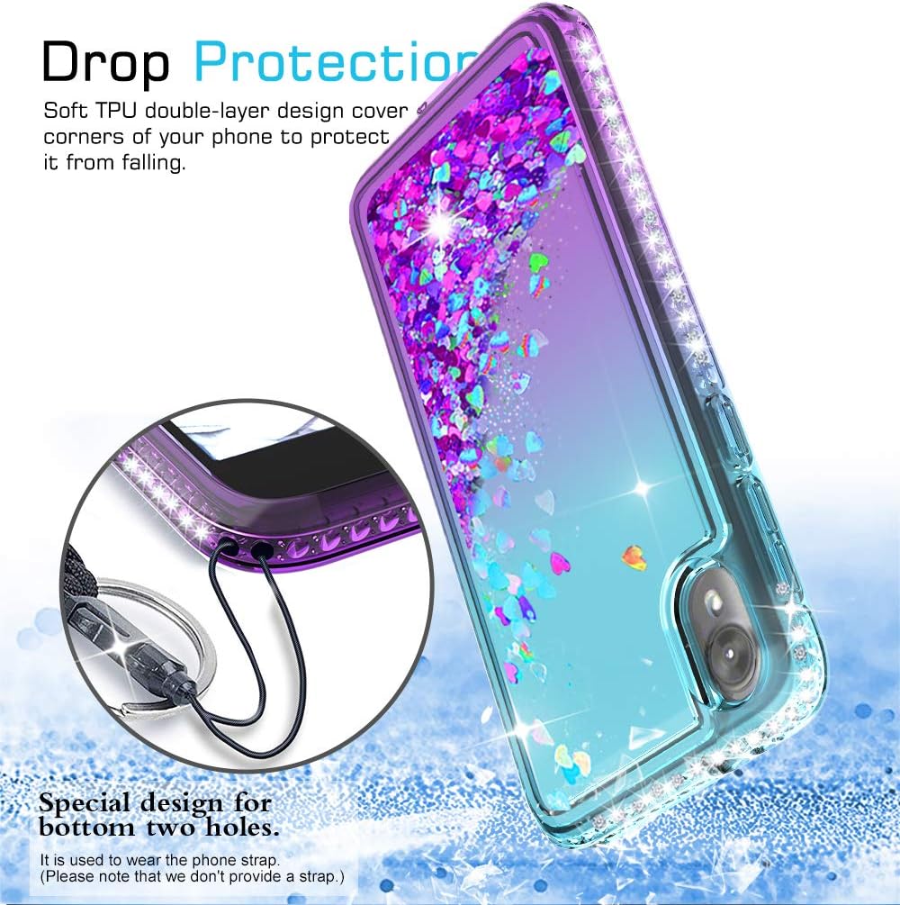 Moto E6 Glitter Case with Tempered Glass Screen Protector [2 Pack] for Girls Women,LeYi Shiny Bling Diamond Liquid Quicksand Clear TPU Protective Phone Case for Motorola Moto E6 (Gradient Teal/Purple)
