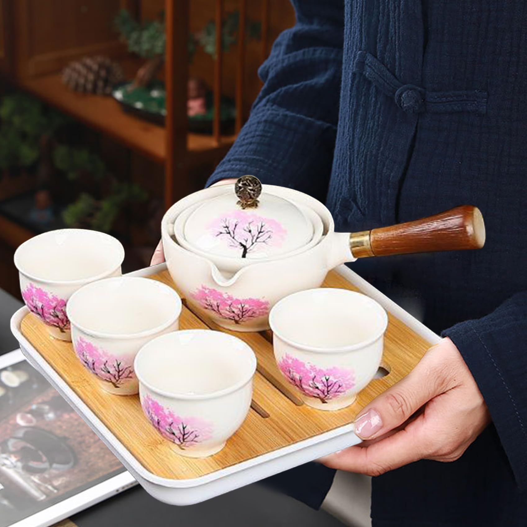Teekannen-Set Chinesisches Tee-Set Porzellan-Tee-Set Japanische Teekanne Porzellan Japanisches Tee-Set Mit 360-Grad-Drehung Teebereiter Und Teesieb Tragbares Reise-Tee-Set Mit Anti-Verbrühungs-Griff F