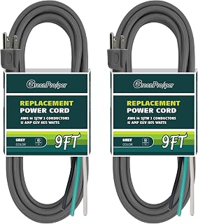 Industries Inc 3-Wire Appliance and Power Tool Cord, 9 ft, 14 AWG, 15A/125V AC, 1875w, Grey, 2pack