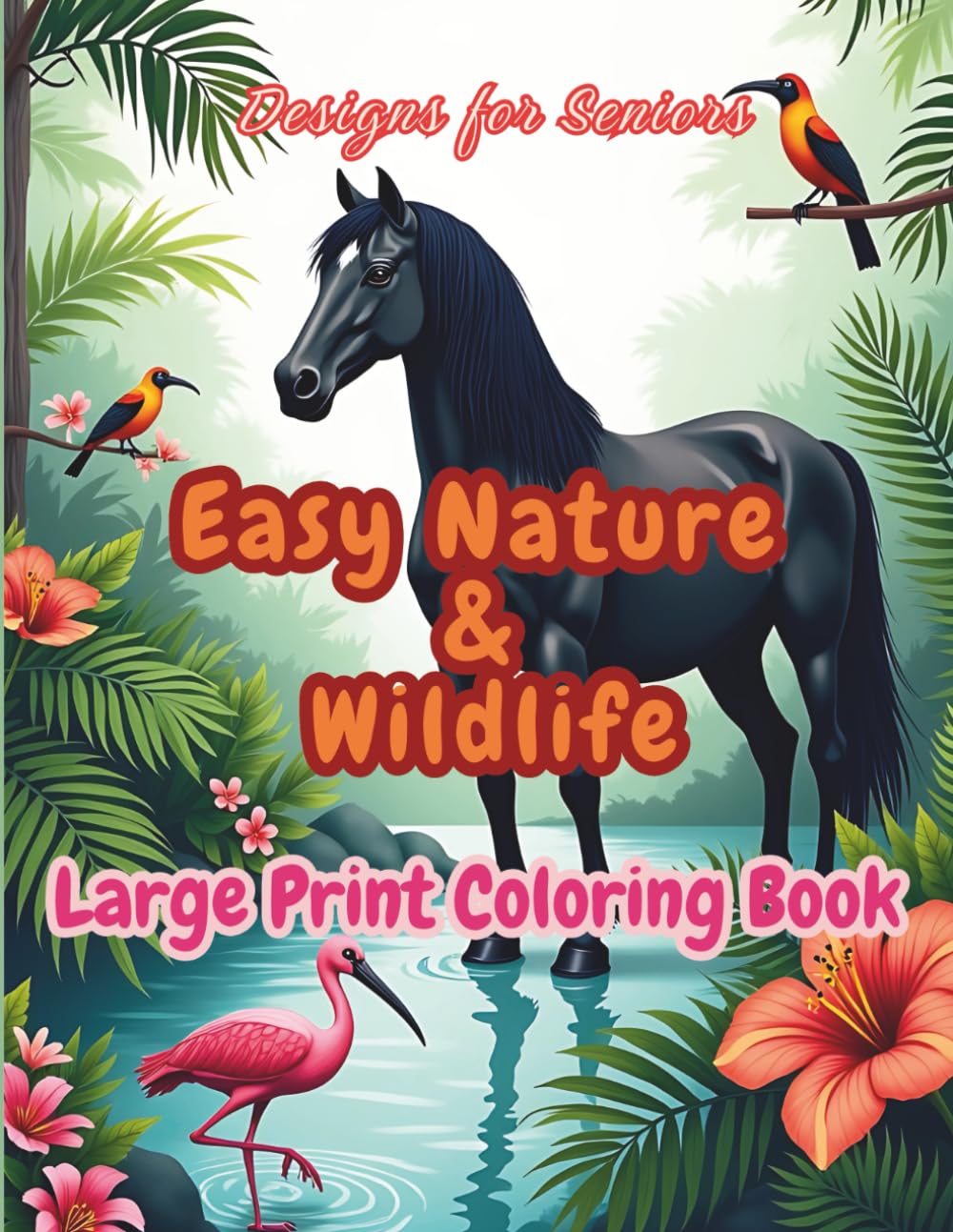 Easy Nature & Wildlife Designs for Seniors – Large Print Coloring Book: Relaxing Pages with Birds, Horses, Flowers, and Peaceful Forest Scenes