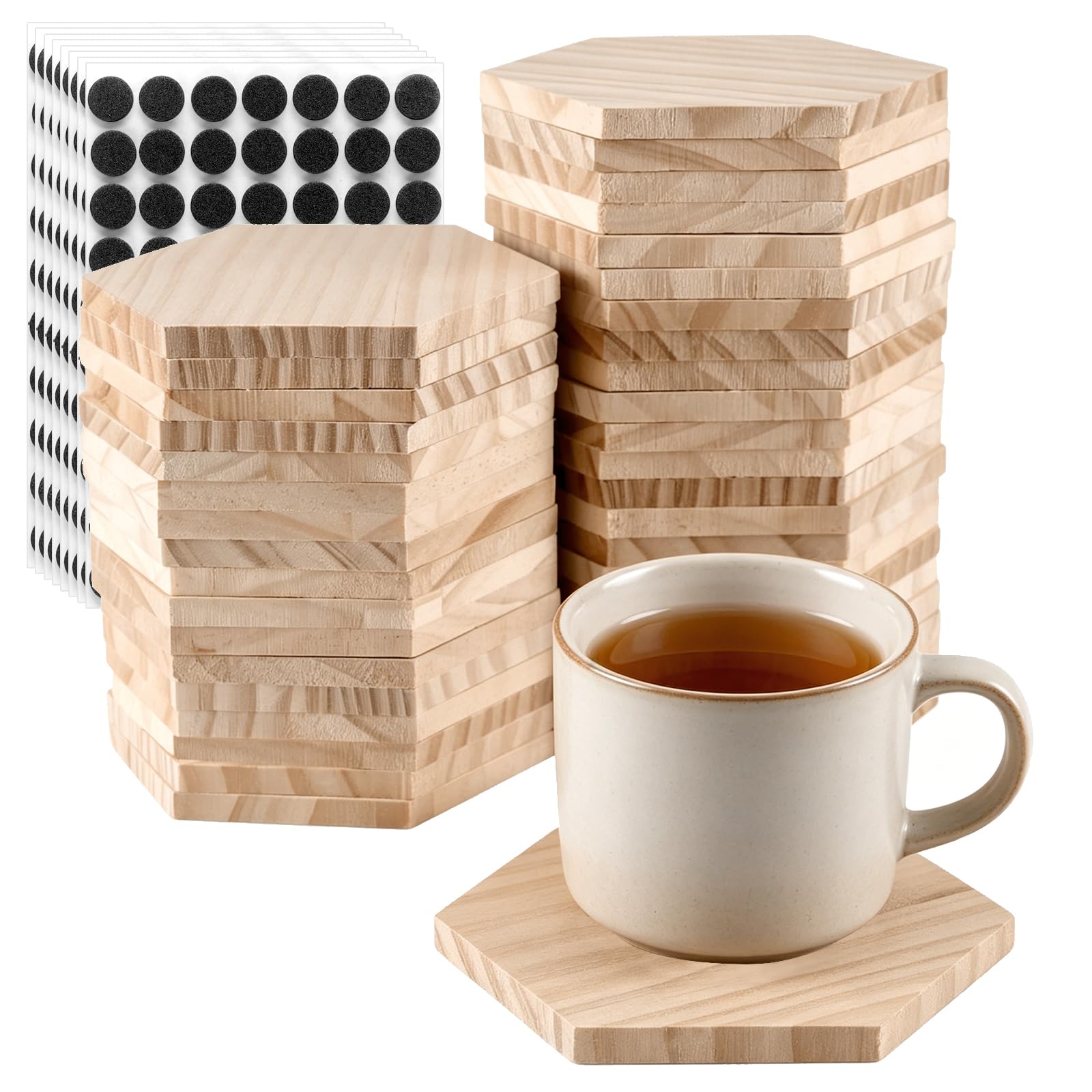40 PCS 4 Inch Unfinished Wood Coasters Bulk,10x10cm Hexagonal Blank Wooden Coasters with 160 pcs Non Slip Foot Mats for Craft, Engraving, DIY Painting
