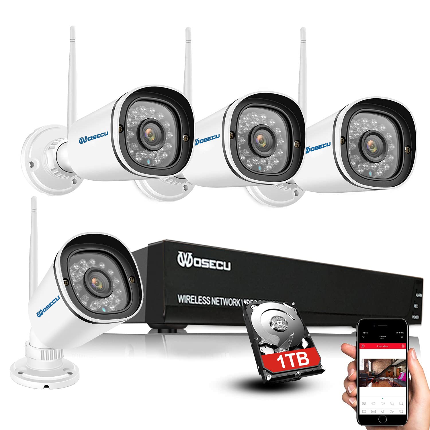 WOSECU 8CH Wireless Security Camera System, Home Security Outdoor 1TB Hard Drive Pre-Installed 4PCS 1080p Outdoor WiFi Sur...