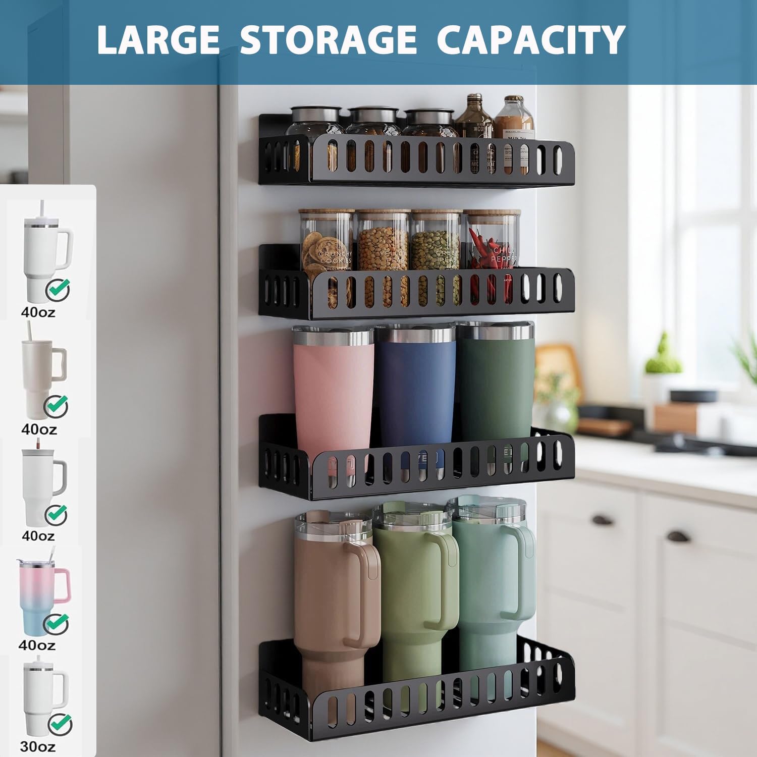 4 Pack Strong Magnetic Stanley Cup Holder for Fridge(Fits 8-12),Heavy Duty Magnetic Water Bottle and Tumbler Organizer for Stanley 30 40 Oz ,Multipurpose Magnetic Shelf for Refrigerator(Matte Black) - Image 3