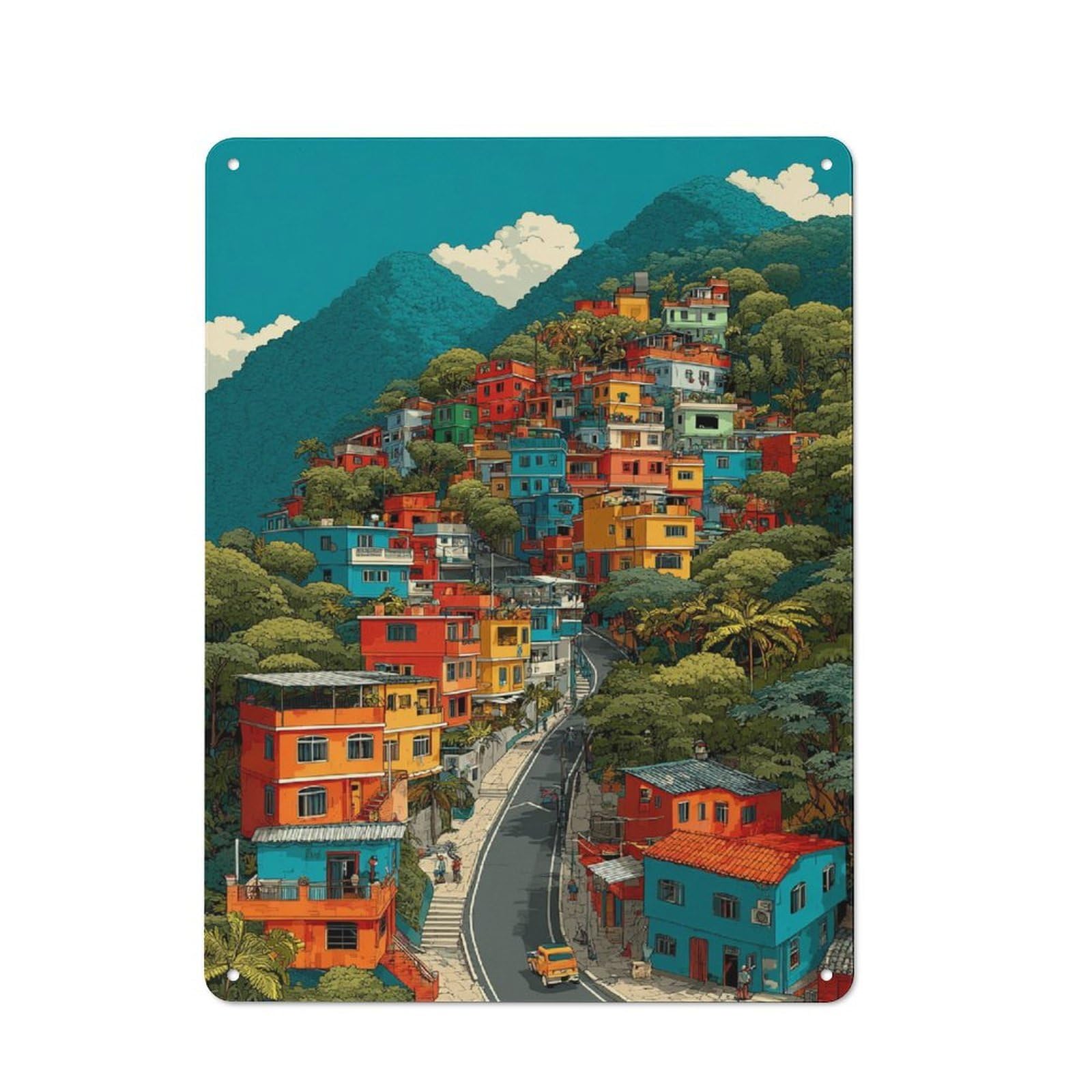 Junmoney Colorful Hillside Neighborhood Metal Wall Sign 40X30cm Featuring For Garage Or Workshop, For Vintage Wall Decor Fans, For Metal Sign Collectors