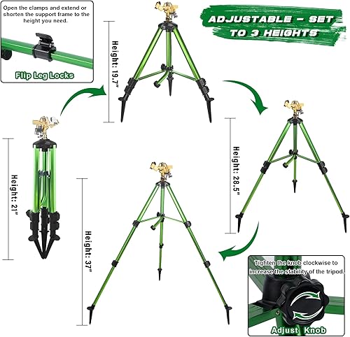 Miniatura 2 de Triumpeek Aspersor de impacto en base de trípode con estacas, irrigador de cobertura de área grande de 360 grados con patas de extensión, boquilla
