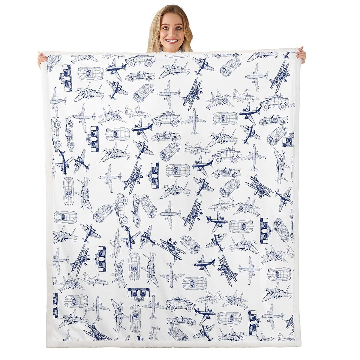 Aircraft Sherpa Blanket Airplane Print Fleece Throw Blanket Decor Aircraft Flying Plush Blanket Microfiber Sketch Style Blue White Fuzzy Blanket