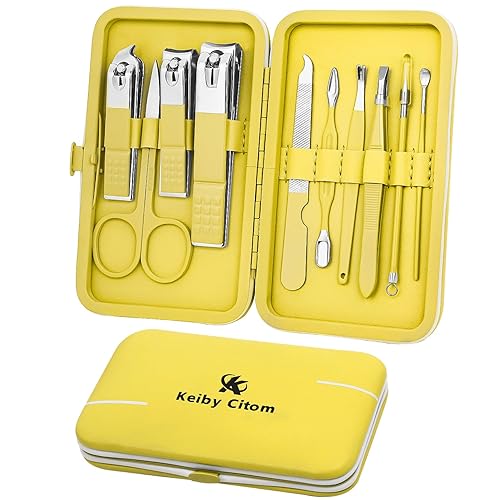 Juego de manicura, mini cortaúñas de viaje, kit de herramientas de cuidado de pedicura, 10 piezas de acero inoxidable kit de aseo (amarillo)