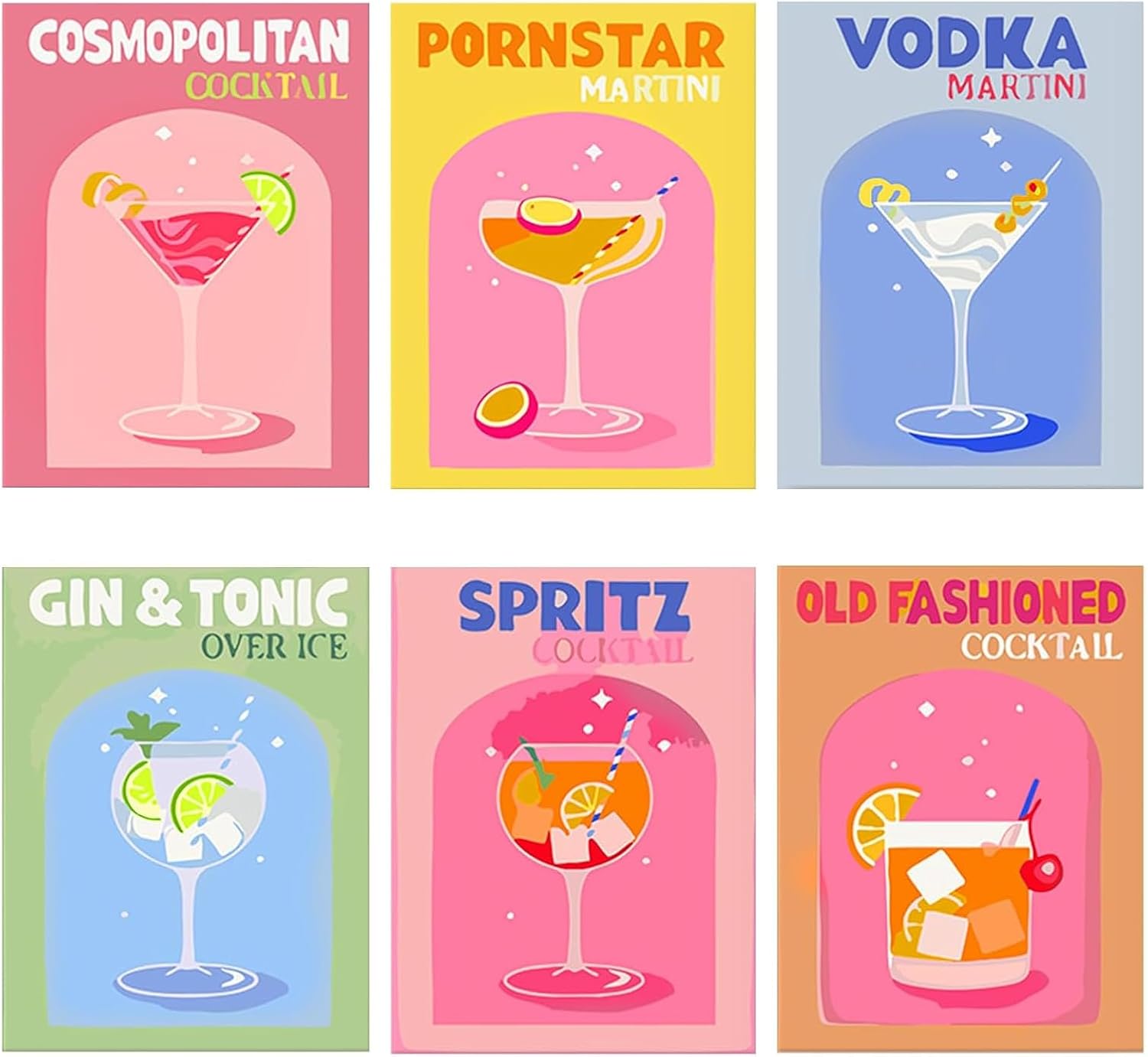 mobumeia Pack of 6 Paint by Numbers Adults, Paint by Numbers Cocktail, DIY Cocktails Cup with Brushes and Acrylic Paints, Hand-Painted Oil Painting Canvas for Home Decor, Frameless (20 x 30 cm)