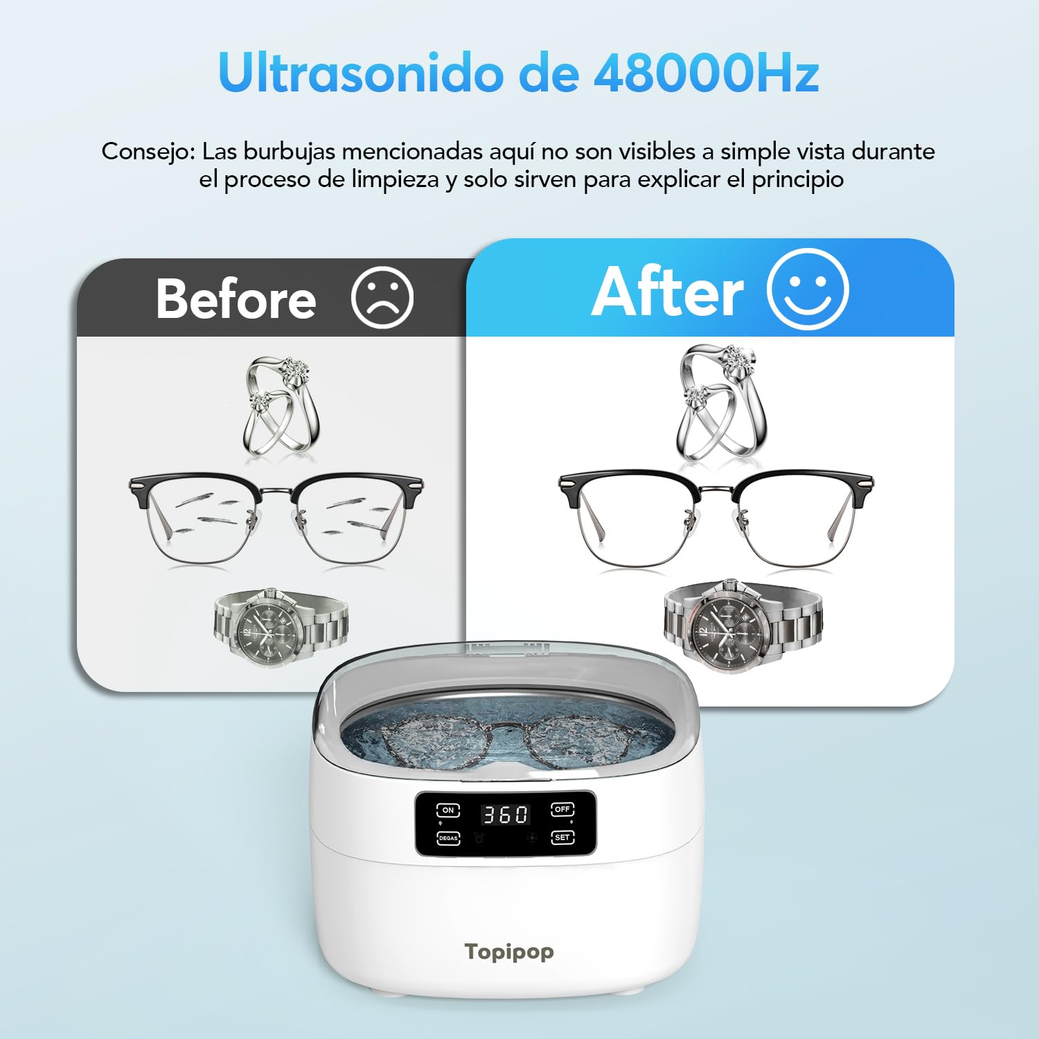 Topipop Dispositivo de limpieza ultrasónica, 48000 Hz, limpiador ultrasónico, 750 ml, limpiador ultrasónico de 5 modos, para limpiar gafas, joyas, relojes, anillos, cuchillas de afeitar, etc. (blanco)