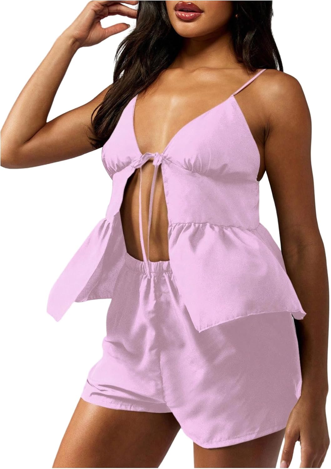 Women's 2 Piece Cute Pajama Sets Summer Tie Front Peplum Babydoll Top and Shorts Loungewear Sleepwear