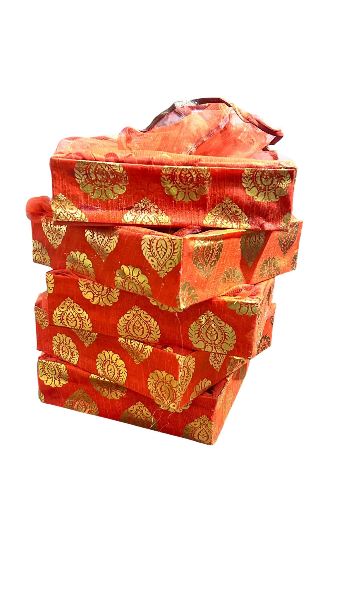 Vayu Art & Crafts Decorated Square Net Hamper Gift Basket, Diwali Gift Hamper, Festival Gift Hamper Tray, Decorated Gift Hamper Basket, Pack of 5, 10x10x2.5 Inches (Orange)