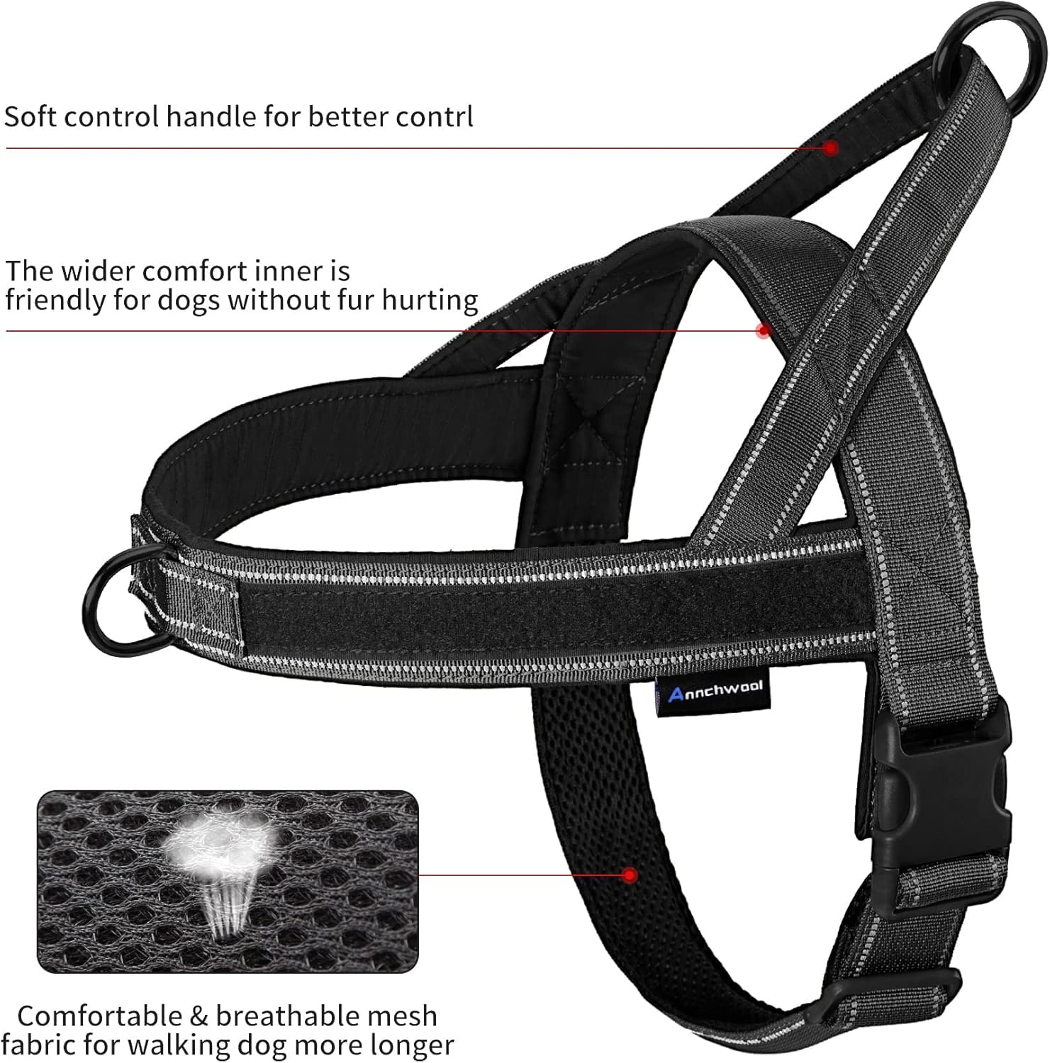 Annchwool Pettorina per cani antitiro, con manico imbottito + guinzaglio da 1,5 m, striscia riflettente, a prova di fuga e vestibilità rapida per regolare l'imbracatura, facile per addestrare e