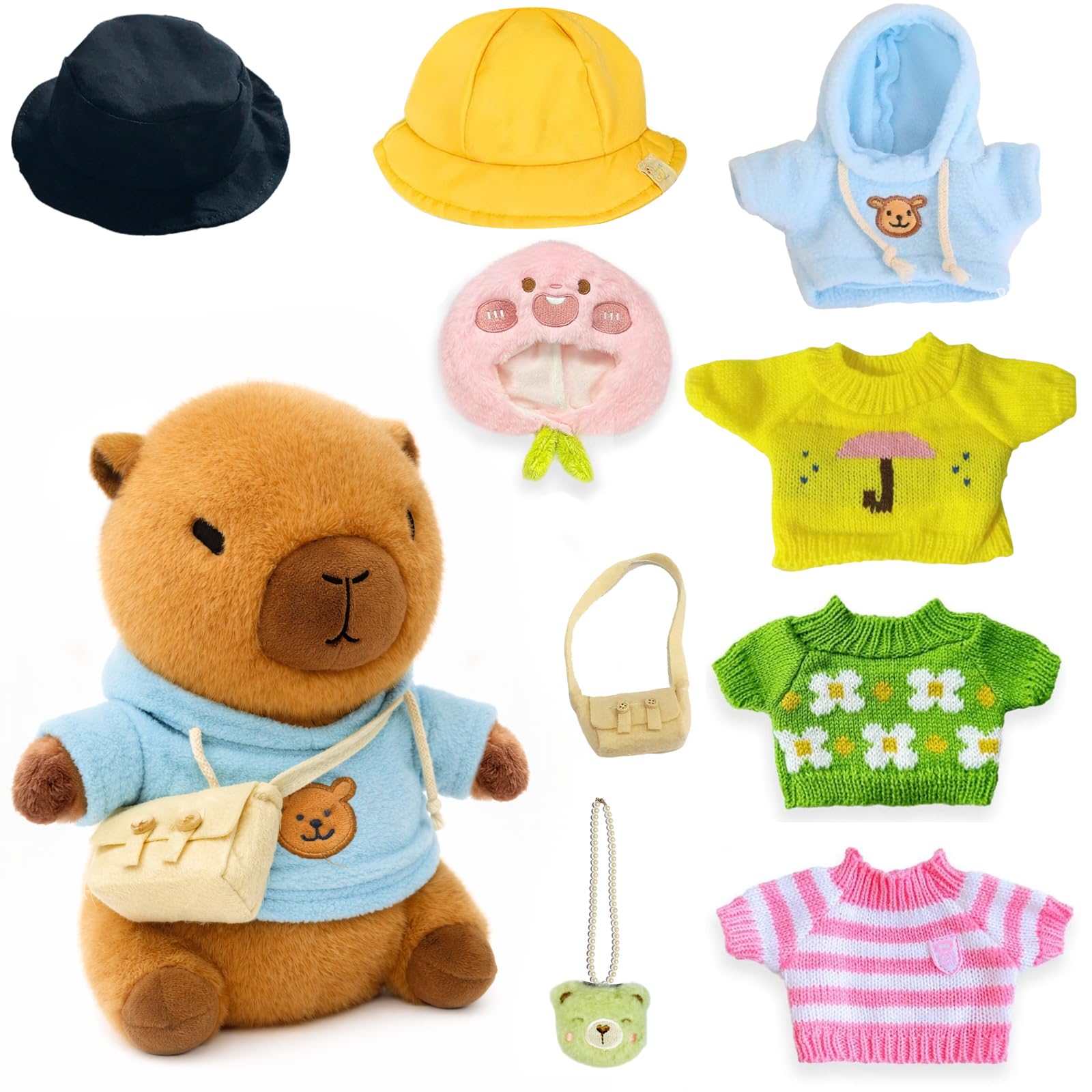 TITQWOP 10.2" Brown Capybara Plush Toy with 9 Clothes and Accessories Super Soft Capybara Stuffed Animal for Kids Girls Boys (Yellow Capybara)