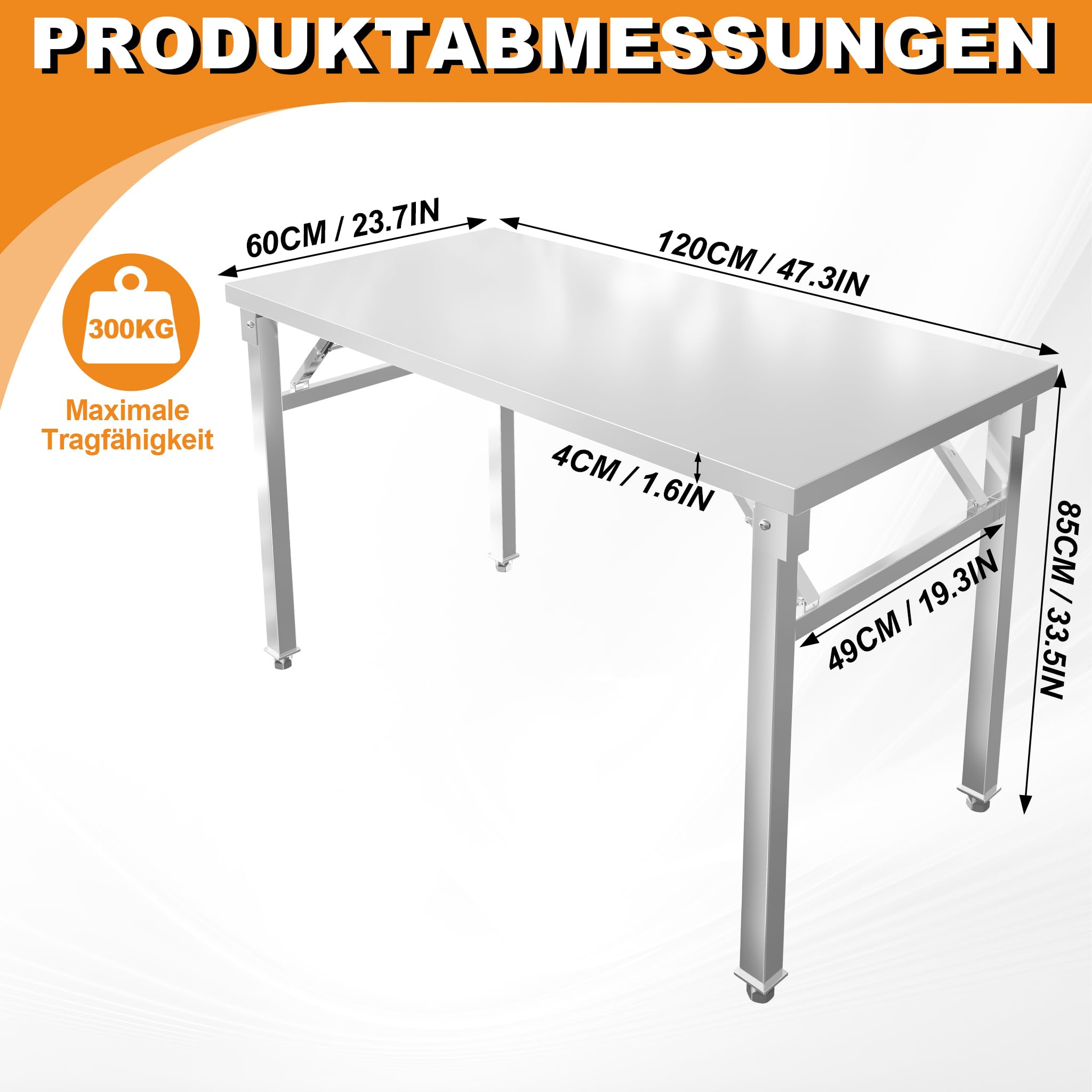 UISEBRT Mesa plegable de acero inoxidable con capacidad de carga de 300 kg y patas ajustables ajustables, mesa de trabajo plegable, mesa de cocina, para gastronomía, cocina, bar, restaurante, 120 x 60
