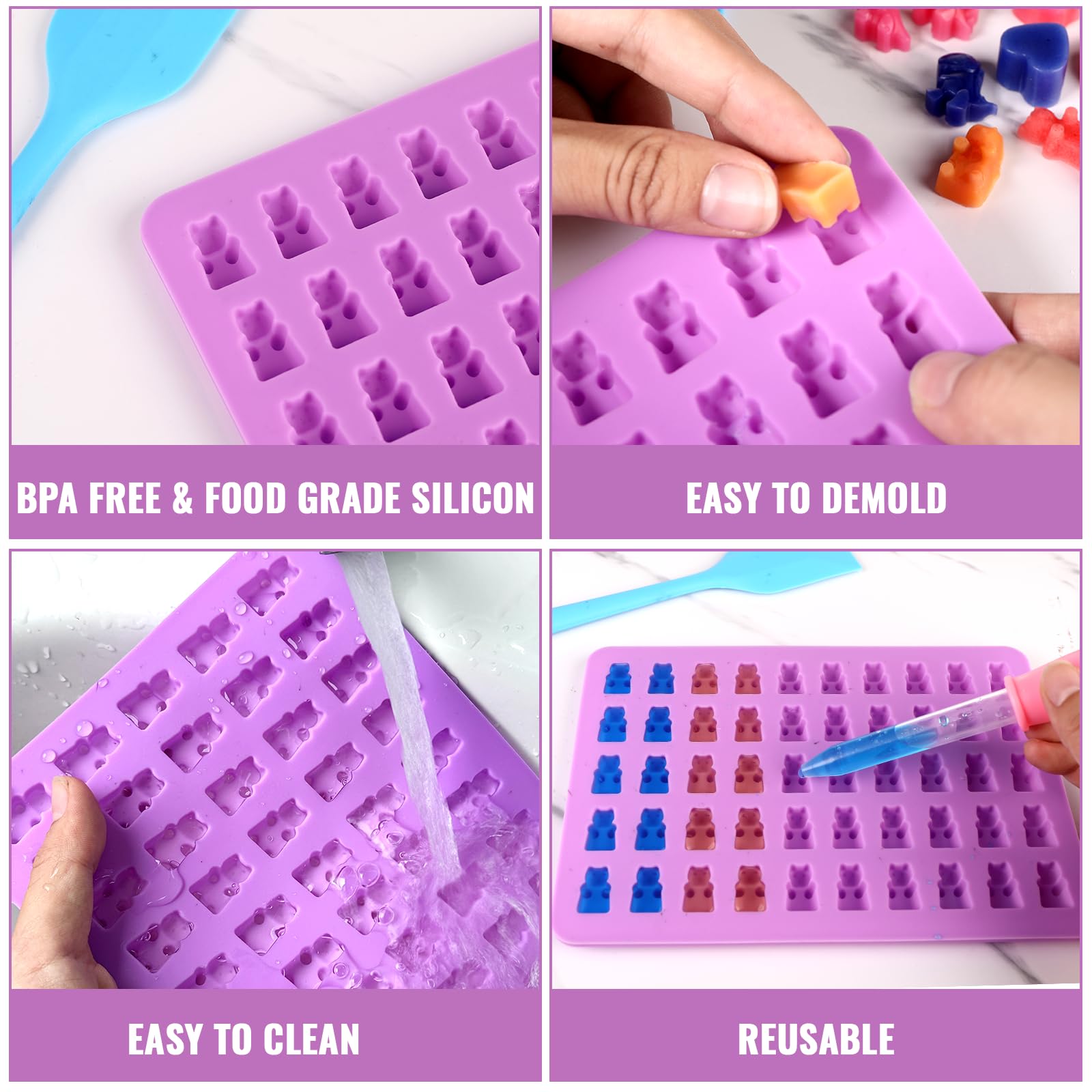Moules à Bonbons en Silicone Antiadhésif, Moules à Chocolat Réutilisables avec Compte-Gouttes, Spatule, 50 Sachets, Attaches Torsadées