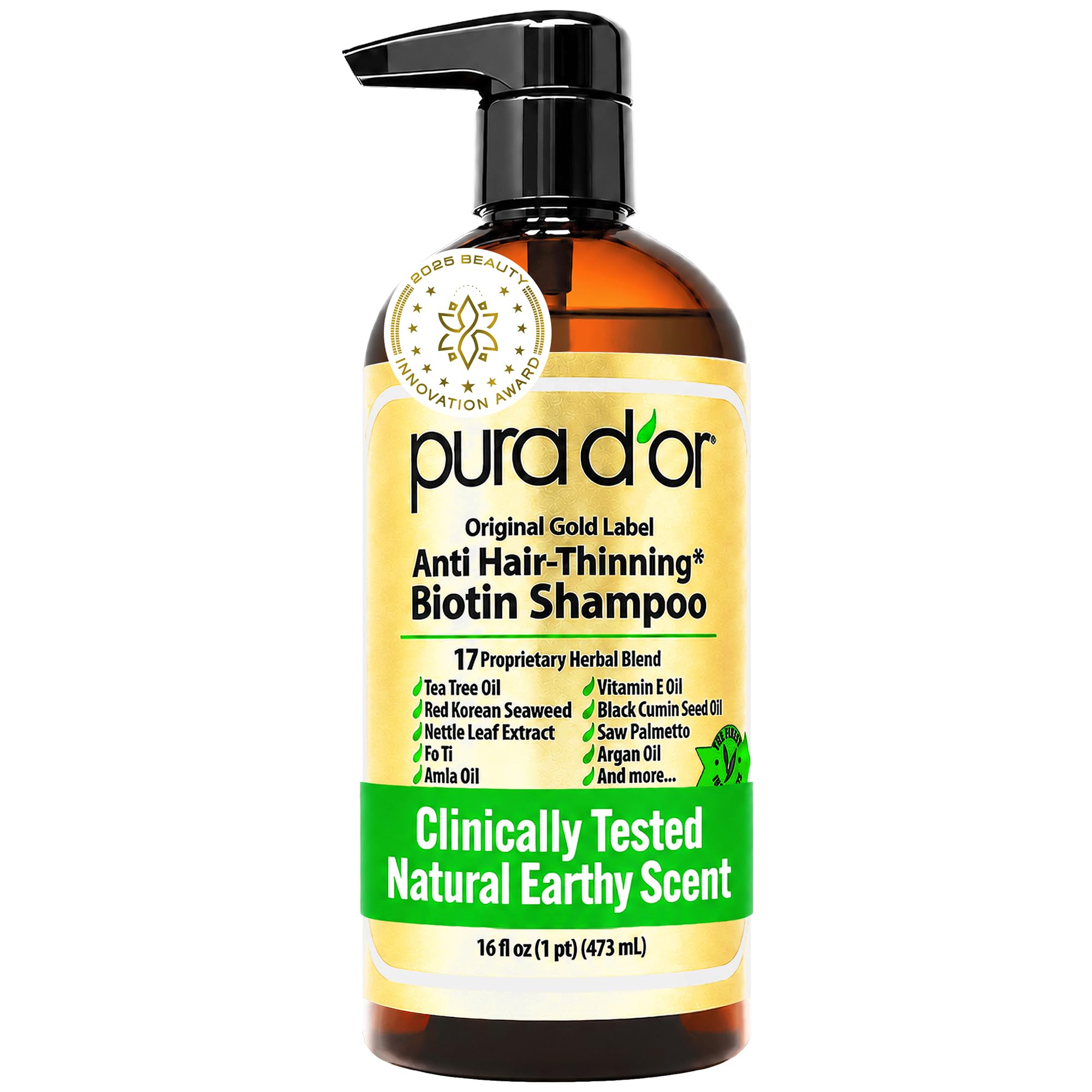 Pura D'Or Shampoo anti-assottigliamento originale in oro testato clinicamente, infuso con olio di argan, biotina, senza solfati, 473 ml (la confezione può variare)