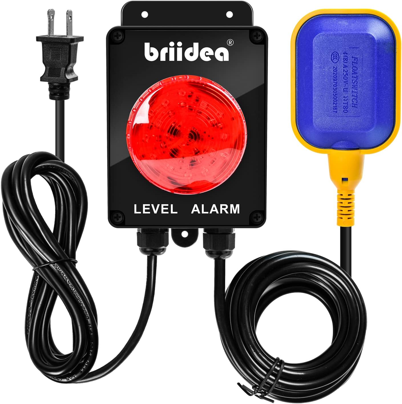 Briidea Sump Pump Alarm, Indoor/Outdoor High Water Septic Tank Alarm with 110dB Loud Alarm and Large LED Indicator, 10ft Level Float Switch, Ideal for Septic Sump Pump Pond Water Tank