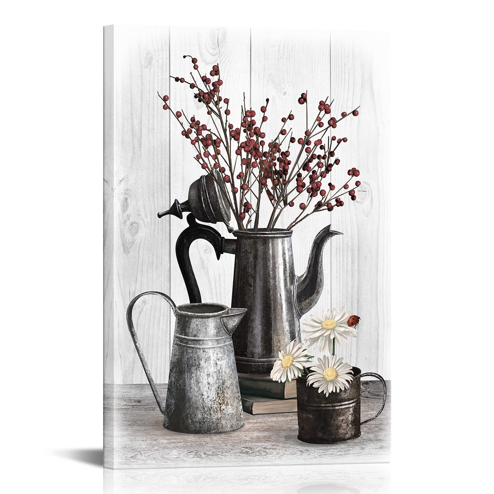 Saypeacher Large Rustic Farmhouse Flower Canvas Wall Art Vintage Daisy Floral in Bottle Country Style Picture for Bathroom Kitchen Bedroom Home Decor Stretched and Framed Ready to Hang 24x36inch