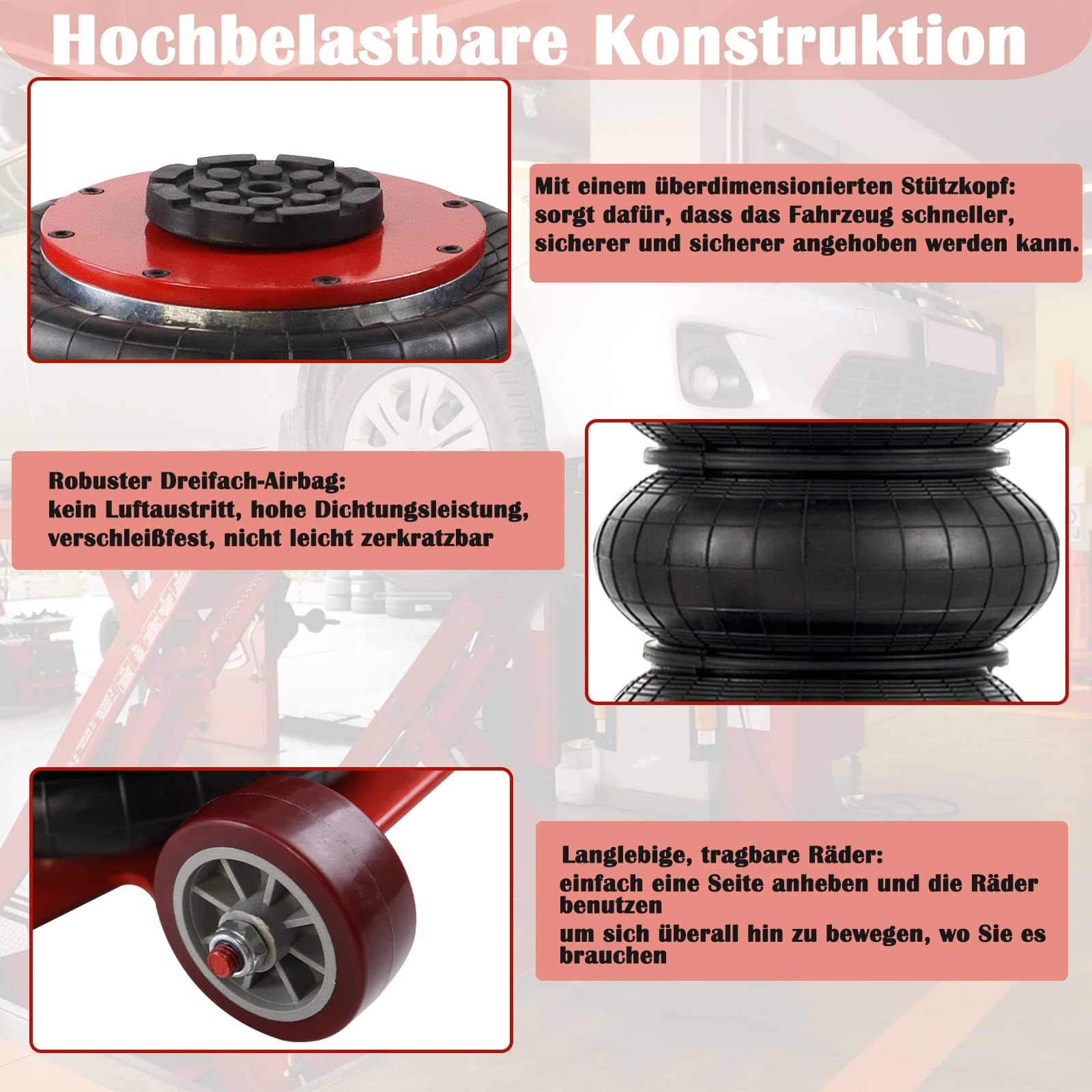 LILIIN Cric pneumatico 3T - Cric per auto, altezza di sollevamento: 150 – 400 mm - Cric ad aria con maniglia, cric per riparazione, in rosso e nero