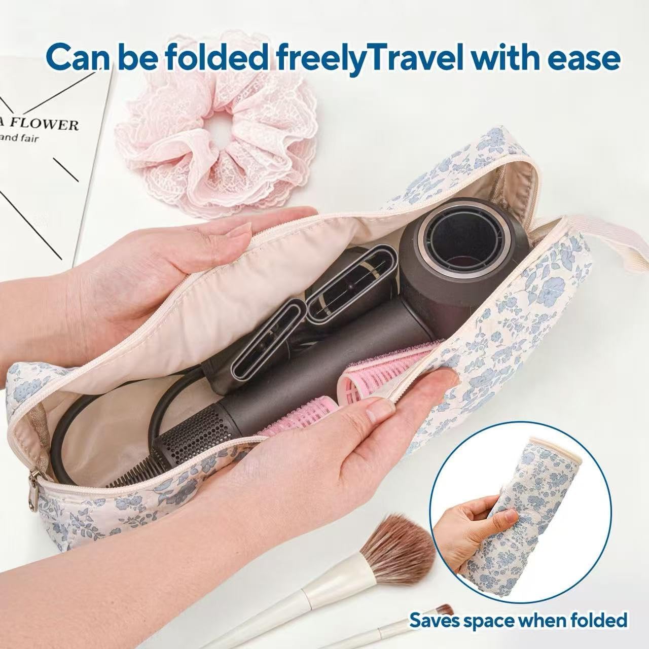 Quilted Hair Tools Travel Bag Organizer Accessories Holder,Floral Portable Hair Dryer Bag Organizer for Curling Irons, Flat Irons and Hot Styling Tools Hair Accessories Organizer