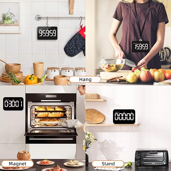 Rechargeable Digital Kitchen Timer for Cooking, Magnetic Timers with Countdown/up, Kids Timer with 5LED Display 3 Brightness 4 Volume Adjustable for Classroom/Office/Home/Work/Study/Fitness/Game