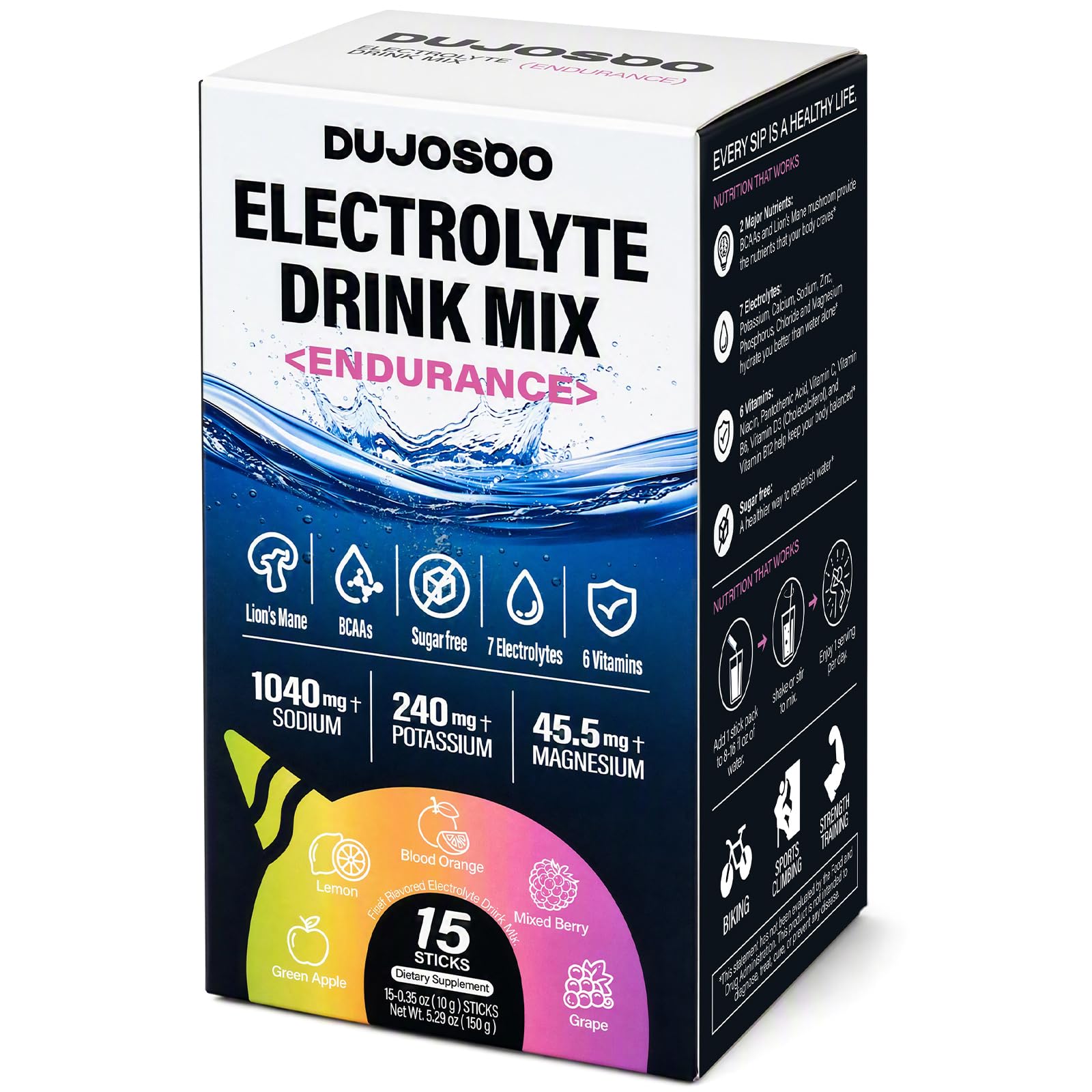 Hydration Powder Packets, 1040mg High Sodium, Drink Mix with BCAAs & Lion's Mane, 7 Electrolytes + 6 Vitamins, Sugar Free, Keto, 15 Sticks, 5.29 oz (150 g) — Amazon image 9