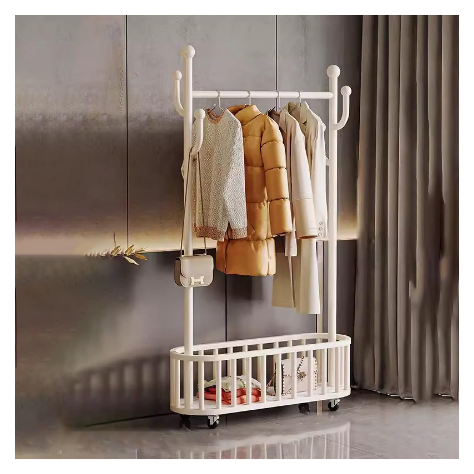 Porte-manteau en métal blanc multi-rangement à roulettes pour vestiaire d'entrée compact