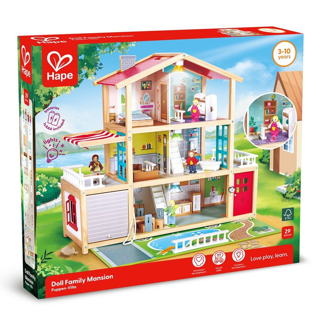Hape Puppen-Villa Holz-Puppenhaus mit 10 Zimmern, kreatives Rollenspiel, inklusive Möbel und Zubehör, pädagogisches Spielzeug, für Kinder ab 3 Jahren