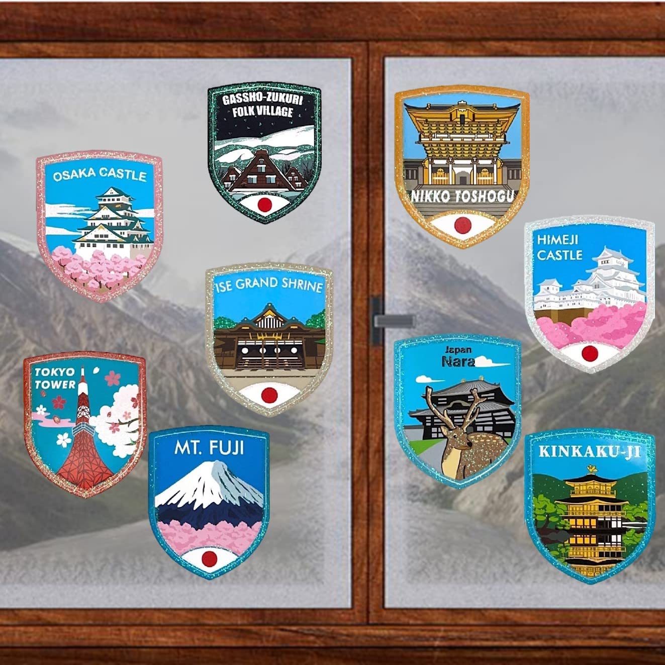 A-ONE Japanese Landmarks Rainbow Glitter Glorious Mirror Decals 9 PCS+Japanese Navy Flag Denim Embroidery Patch 1PC, Sightseer Cities Static Window Clings for Whiteboard WR8+NO.373