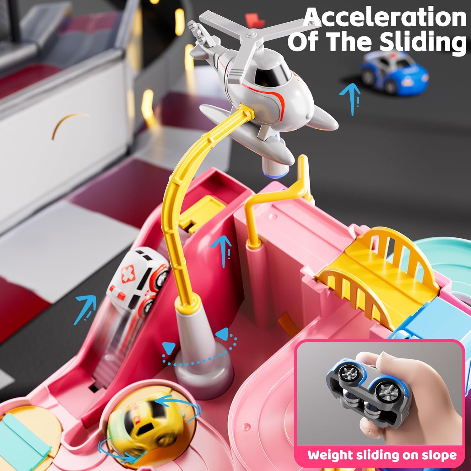 Car Race Track for Kids Ages 4-8, Kids Car Toys for 3 Year Old Boys, Race Track for Toddlers 3-5, City Set with 3 Small Cars and Helicopter, Educational Birthday Gifts (Pink)
