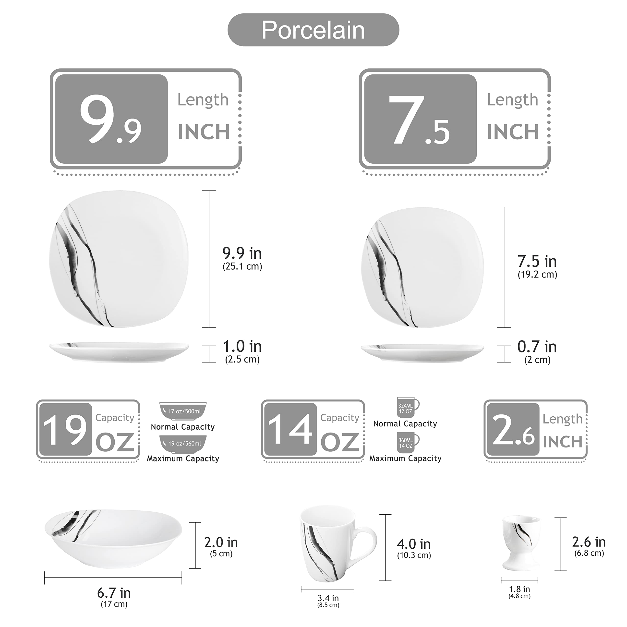 VEWEET TERESA Piatti Servizio in Porcellana Stoviglie Set 20 Pezzi con 4 Portauova, 4 Tazze Mugs 350 ml, 4 Ciotola per Cereali, 4 Piatti e 4 Piatti da Dessert per 4 Persone