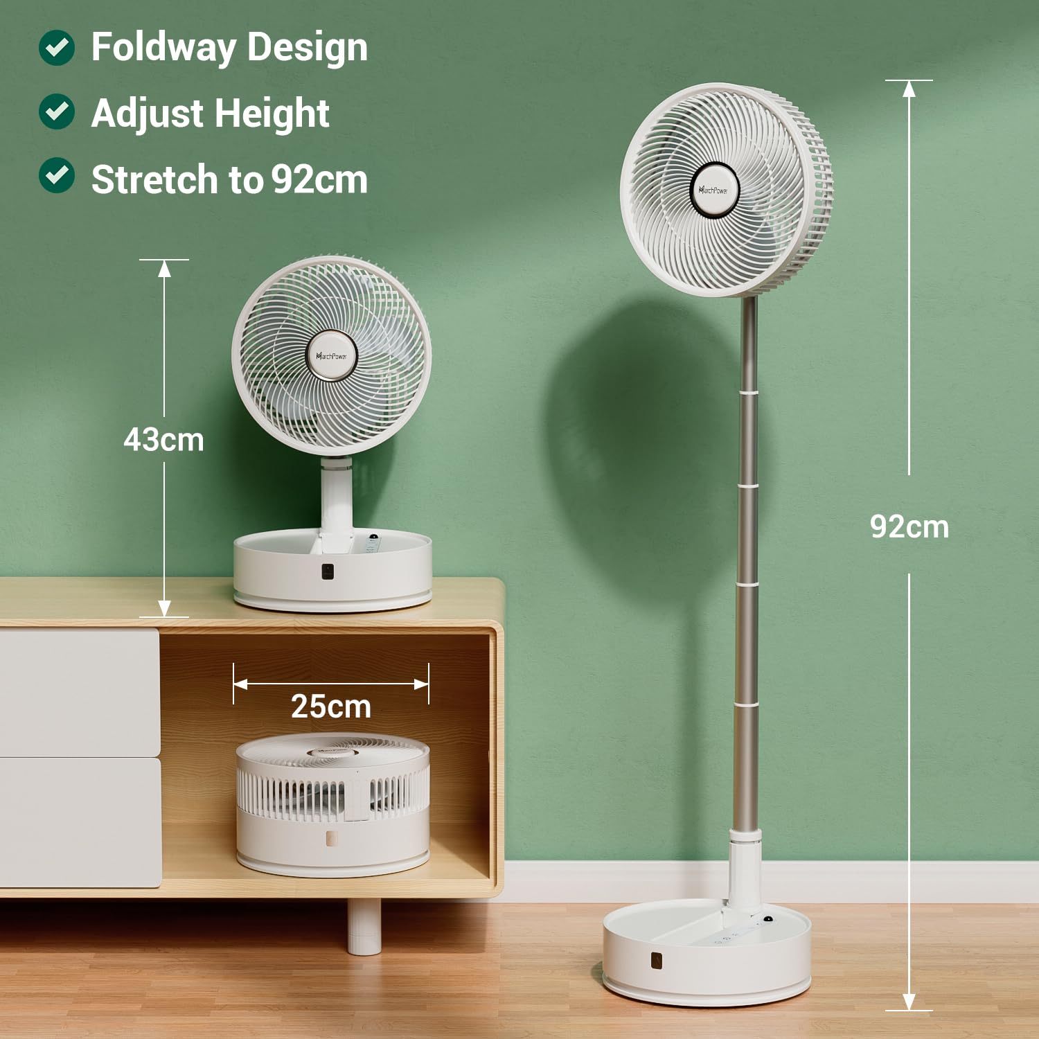 Marchpower Ventilateur Silencieux Portable Pliable Réglable Ø10''/25CM Ventilateur sur Pied Télécommande 5 Vitesses Ventilateur de Table 7200mAh Batterie Rechargeable avec Sac Blanc
