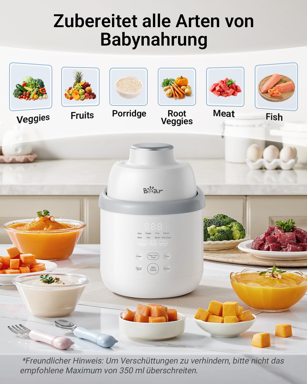 Bear NutriEase AllStage Baby Food Maker Edelstahl, OneStep Automatisches Kochen & Zerkleinern BPA-frei