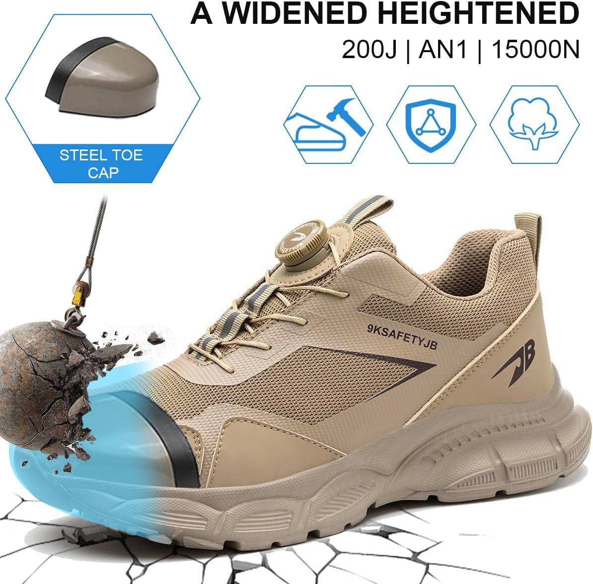 GUDECIUS Veiligheidsschoenen voor dames en heren, lichte werkschoenen, comfortabele veiligheidsschoenen met stalen neus, ademend, antislip, maat EU 38-46, kaki, 43 EU