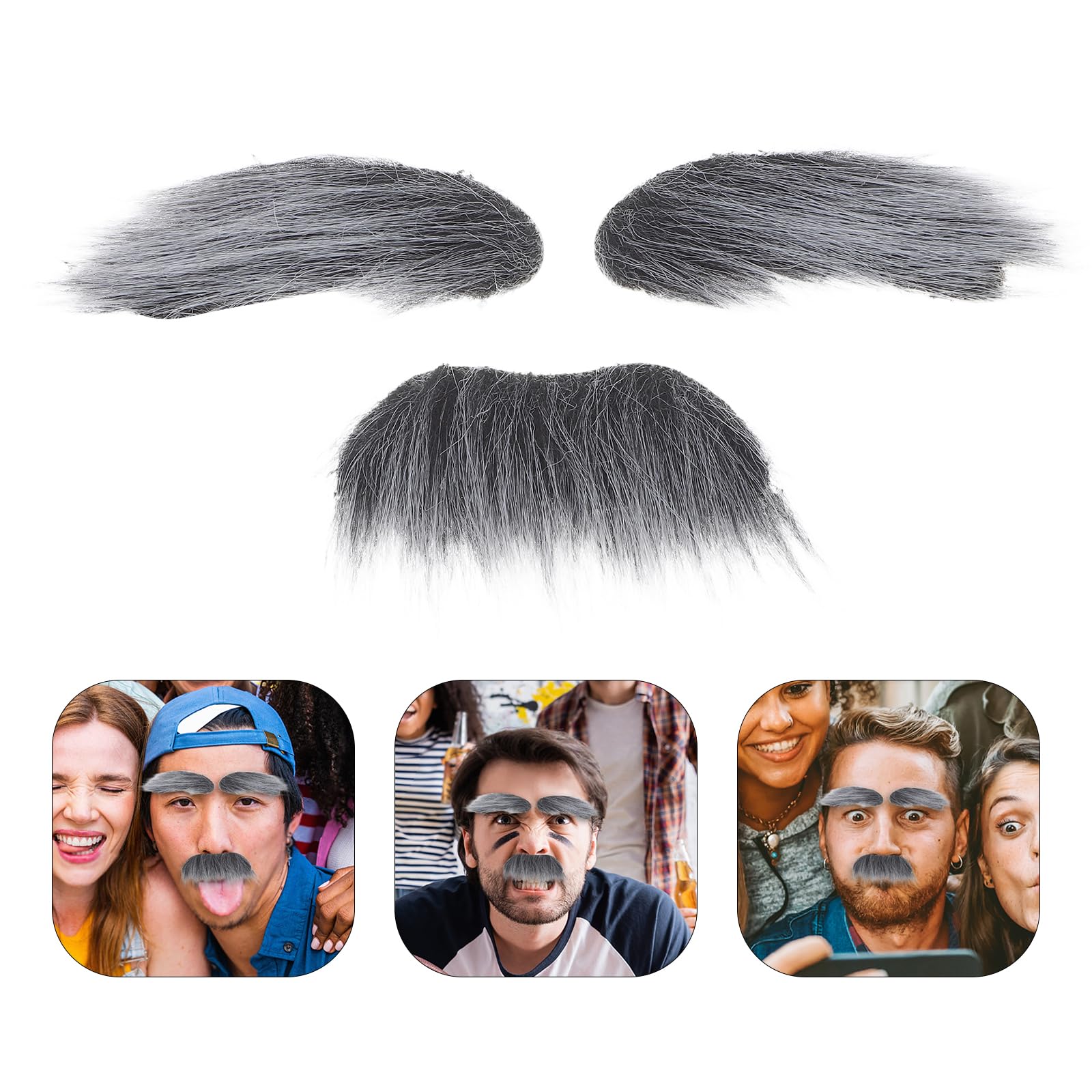 LUOZZY Realistic Self Adhesive Mustache Eyebrow Kit for Halloween Party Cosplay Costume Masquerade Festive Gatherings Funny Prop - Small Size Grey White Combo