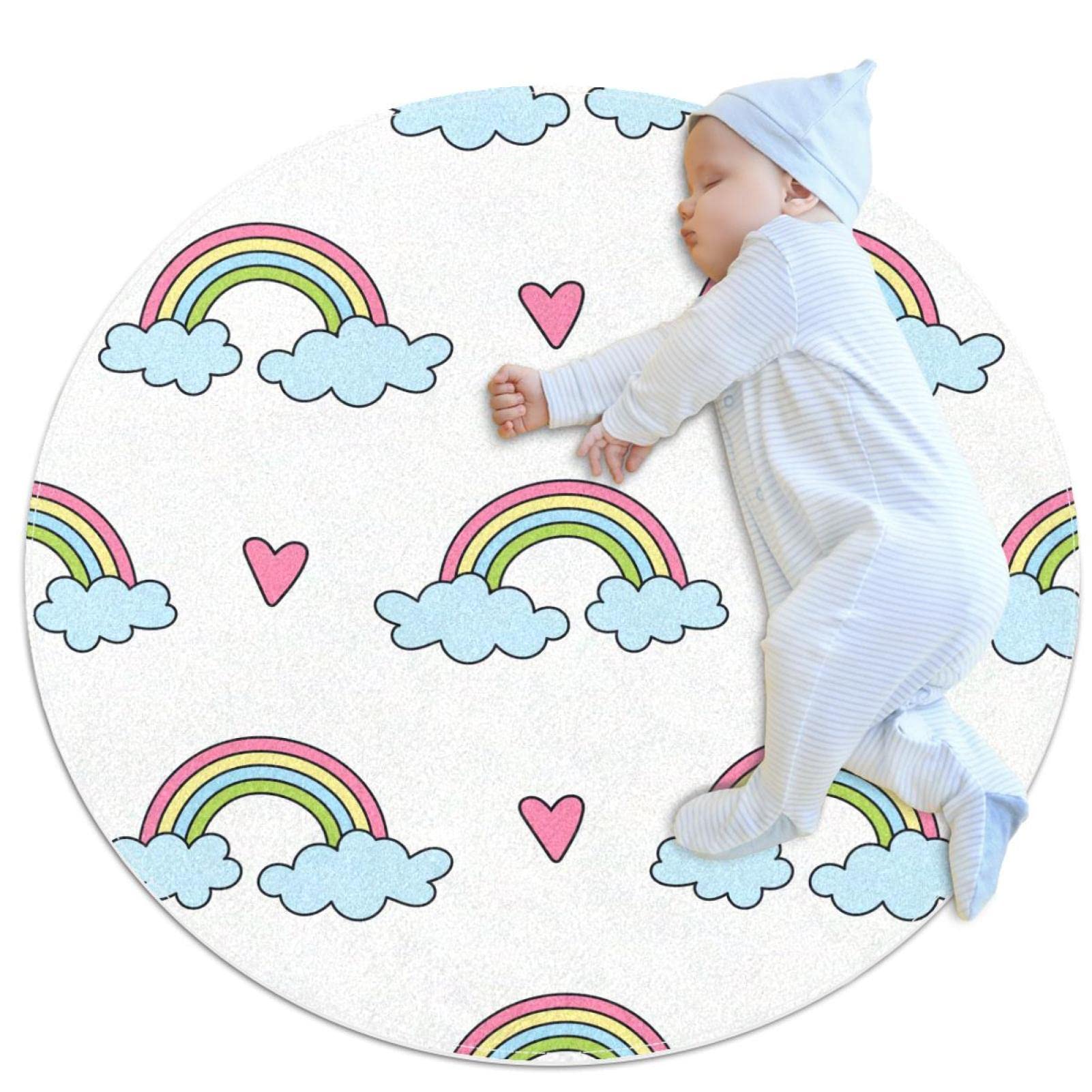 Tapis de jeu pour enfants rond motif arc-en-ciel pour chambre fille et garçon 80x80cm