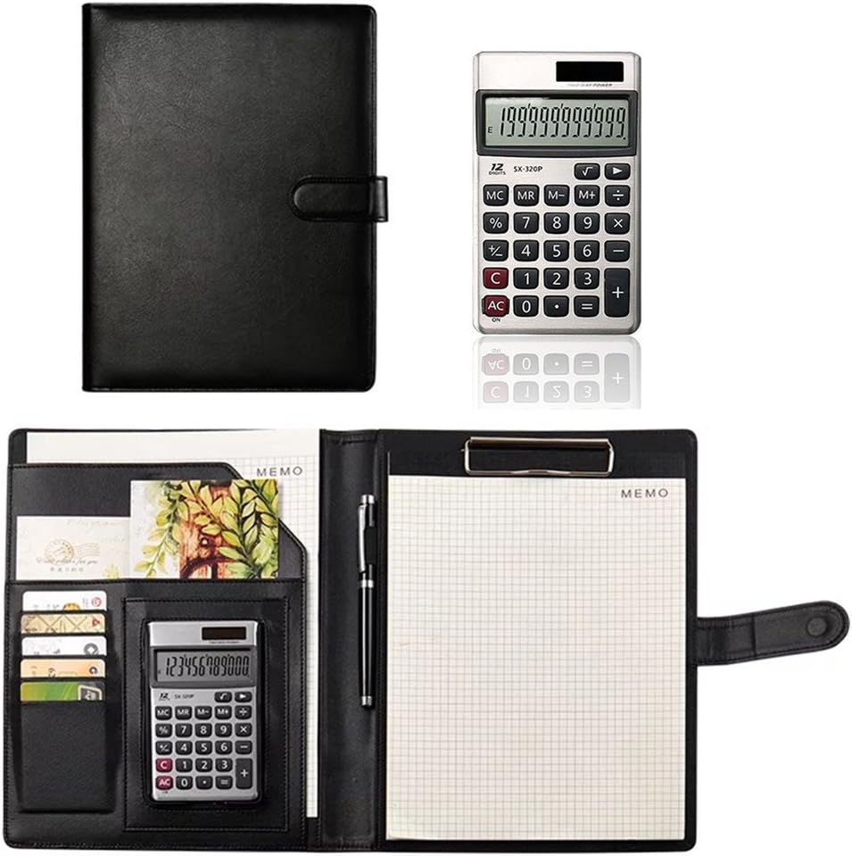 Business Leather Pad Portfolio Folder with Multi-Holder Calculator and Document Folder B5 (Black with 12-bit Calculator)