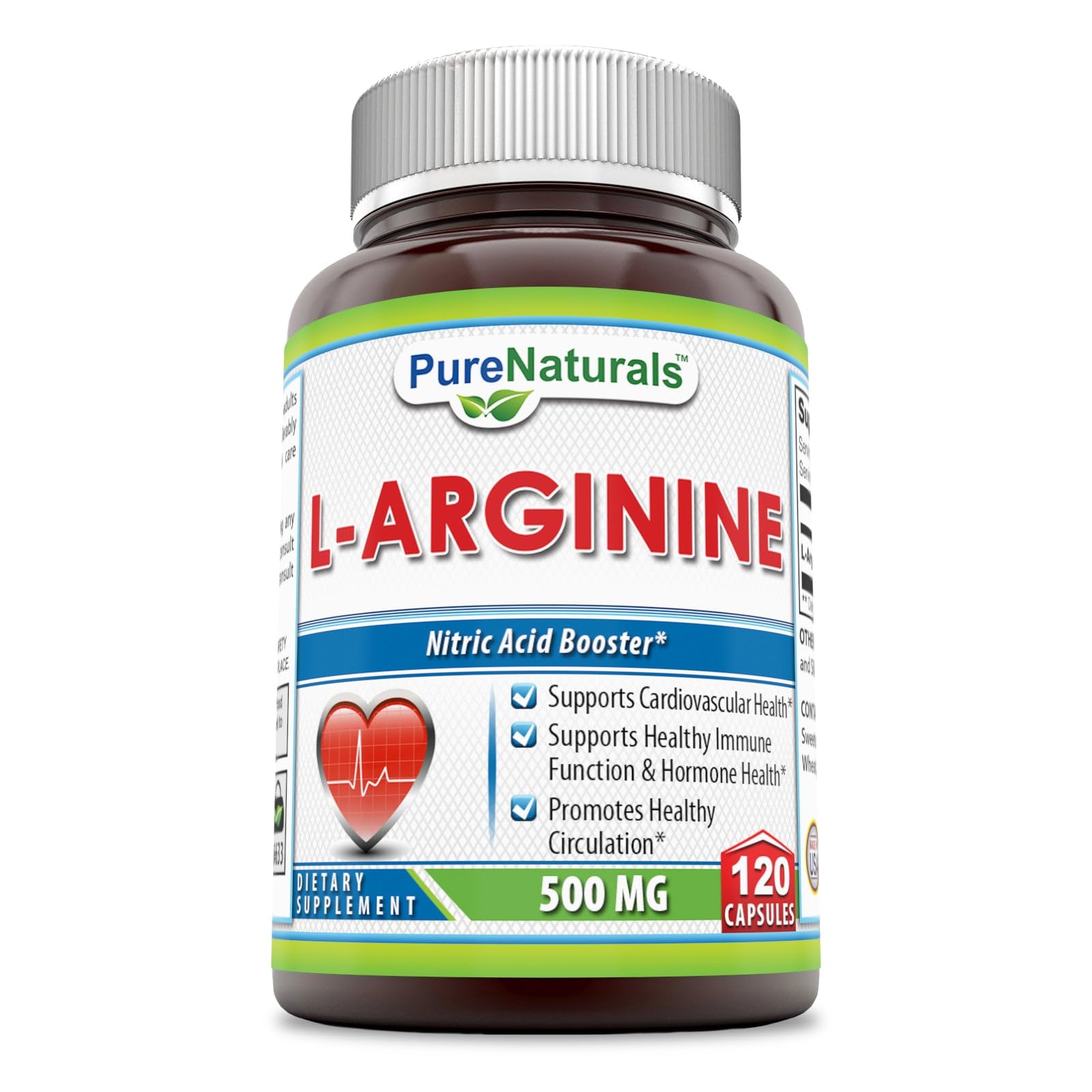 Pure Naturals L-Arginine 500 Mg Capsules, Supports Cardiovascular Health, Supports Healthy Immune Function & Hormone Health, Promotes Healthy Circulation (120)