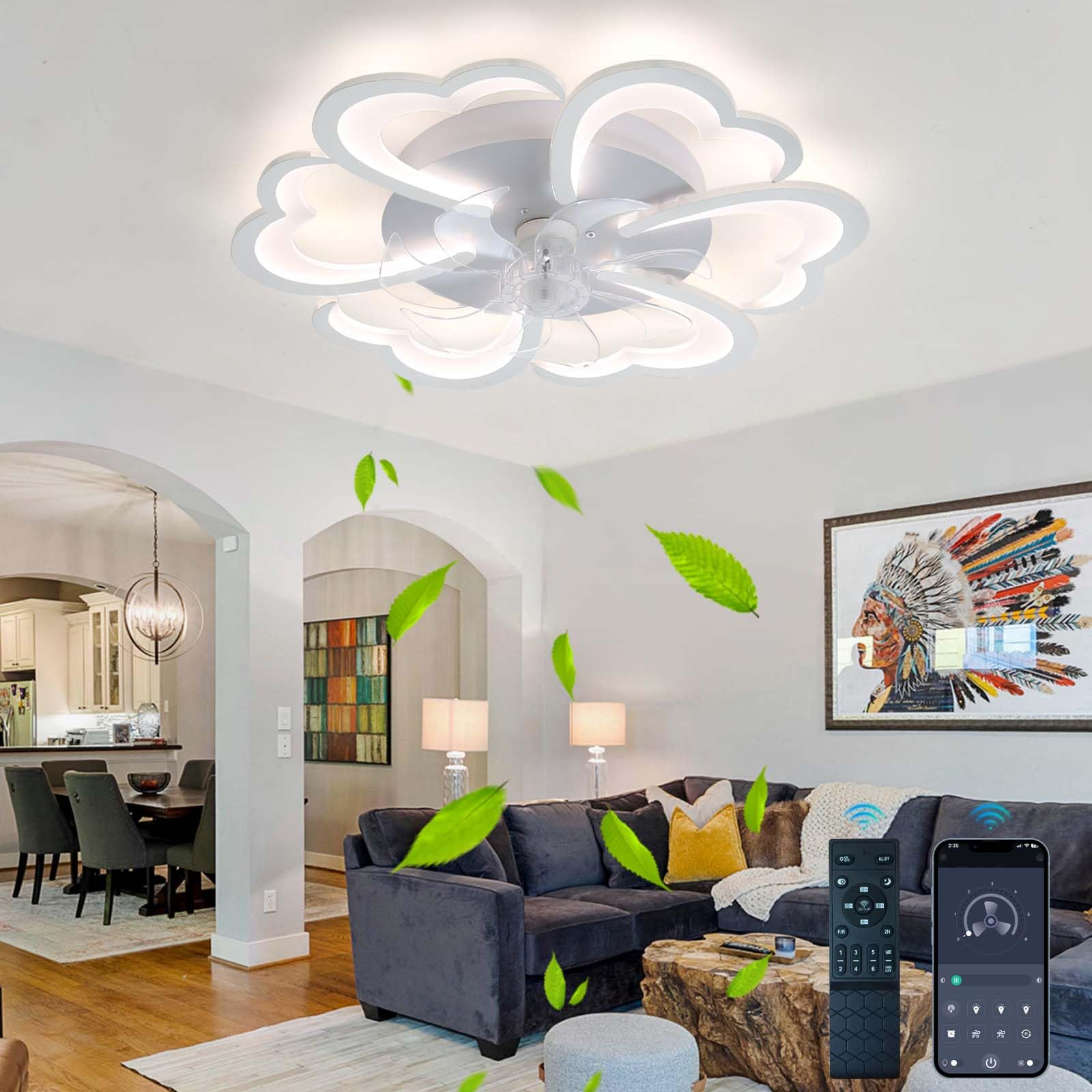 Ventilatore da Soffitto con Luce e Telecomando Silenzioso, Lampadario Ventilatore da Soffitto LED Dimmerabile 6 Velocità 72 W, Plafoniera Creativa a Forma di Fiore in Acrilico con Ventola-White